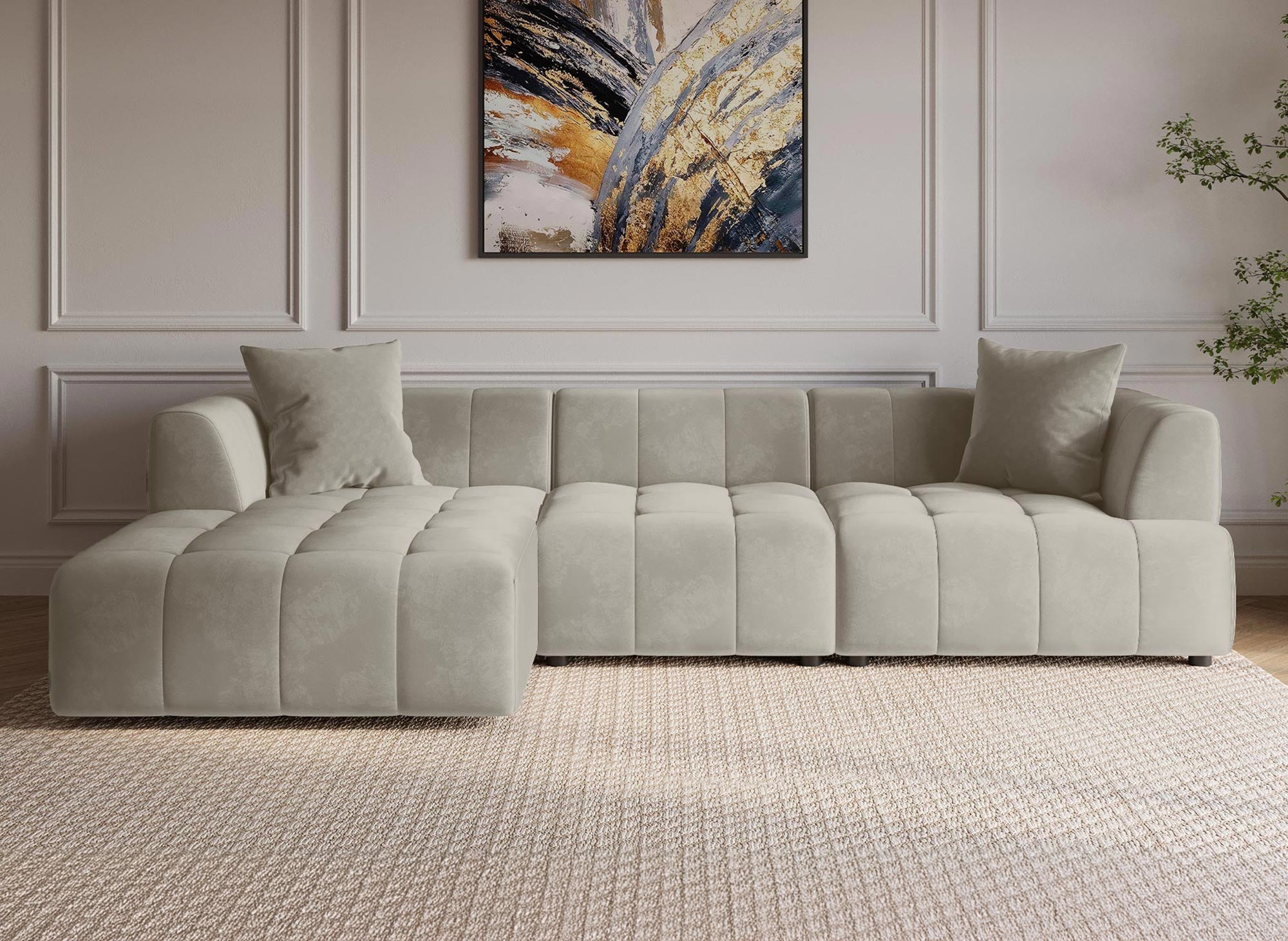 Sofá esquinero KELIA con chaise longue en terciopelo beige - Esquina izquierda