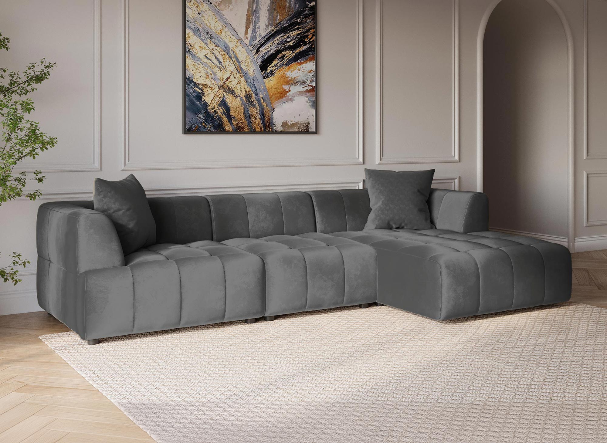 Sofá esquinero KELIA con chaise longue en terciopelo gris - Esquina derecha