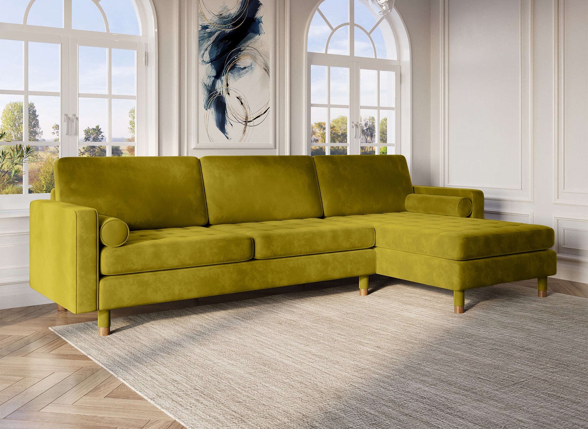 Sofá esquinero escandinavo SALAMBO en terciopelo verde dorado - Esquina derecha