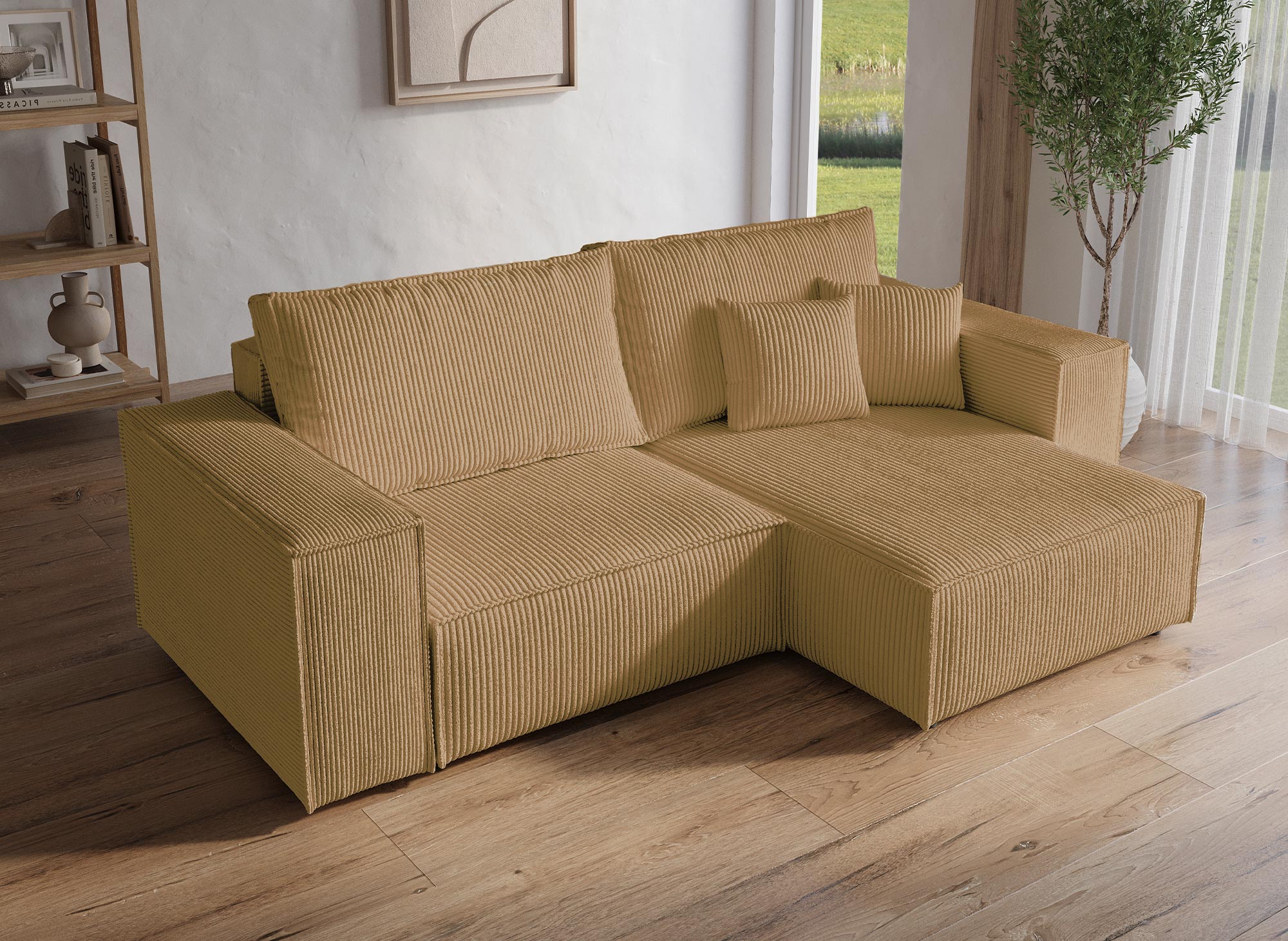 Sofá esquinero convertible y reversible con almacenaje en pana color mostaza JADE MINI