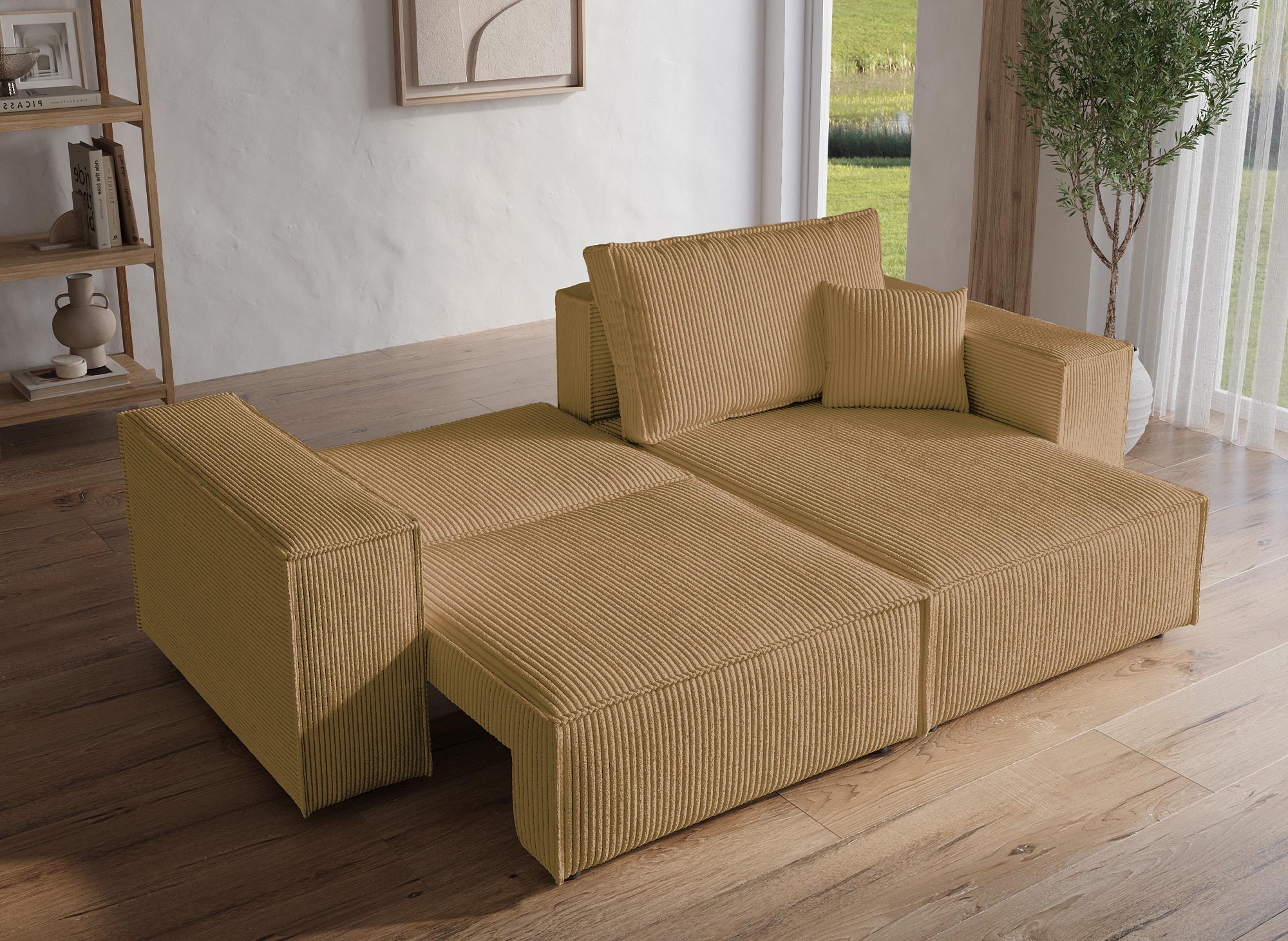 Sofá esquinero convertible y reversible con almacenaje en pana color mostaza JADE MINI