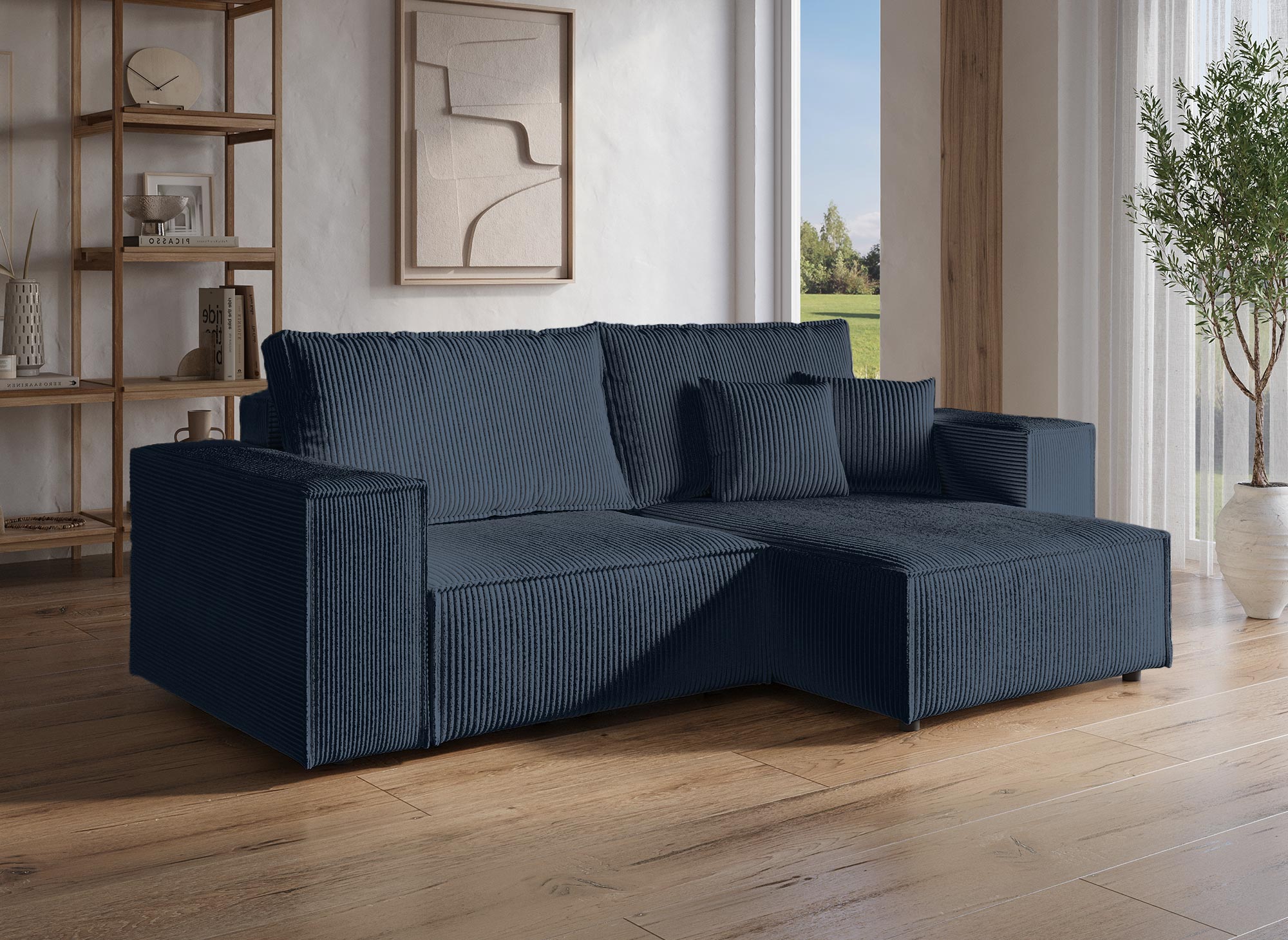 Sofá esquinero convertible y reversible con almacenaje en pana azul JADE MINI