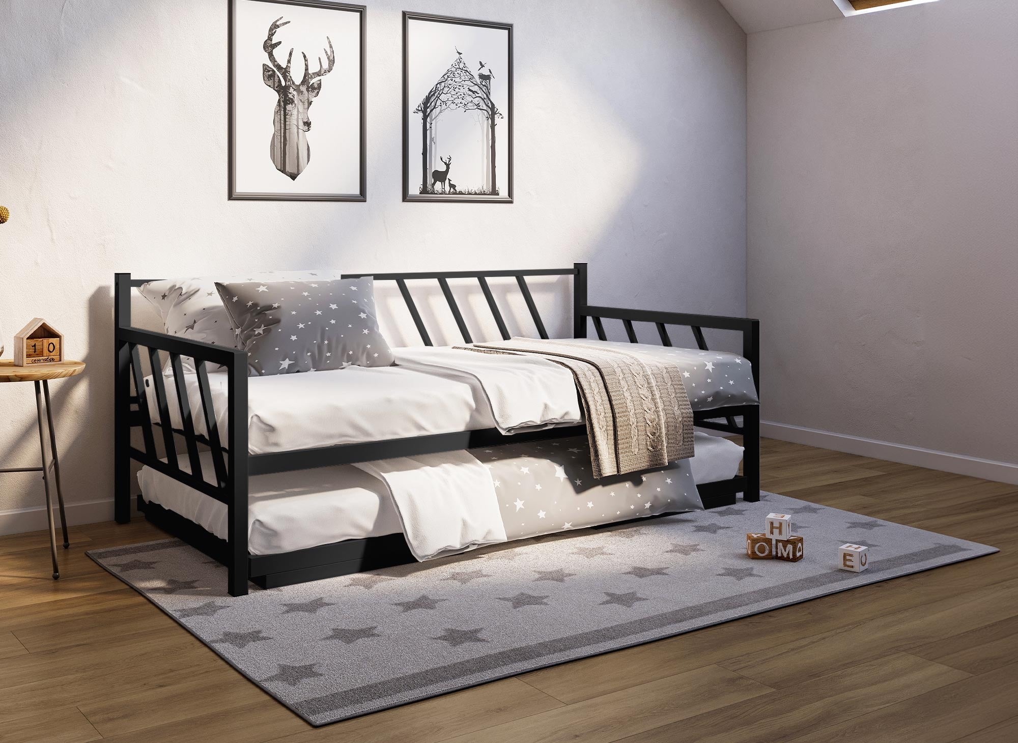 Sofá cama TORRY de metal negro con cama nido extraíble, 90 x 190 cm