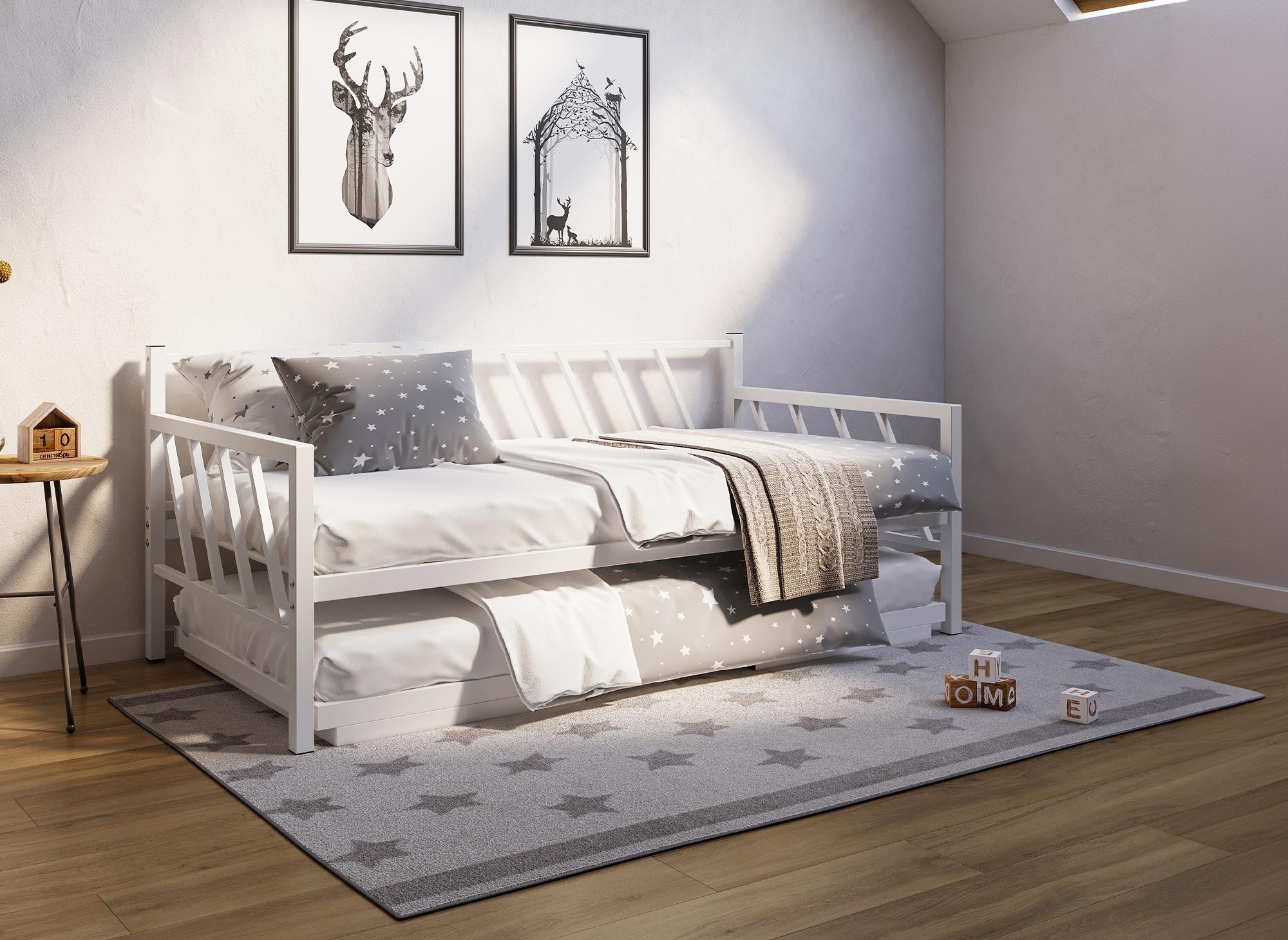 Sofá cama TORRY de metal blanco con cajón extraíble, 90 x 190 cm