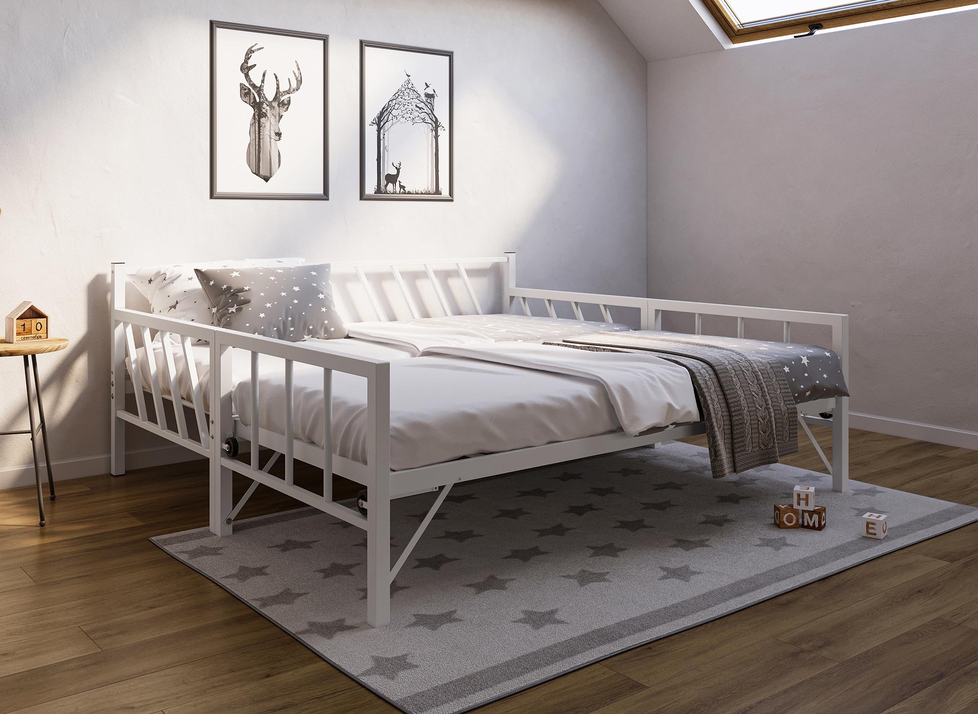 Sofá cama TORRY de metal blanco con cajón extraíble, 90 x 190 cm