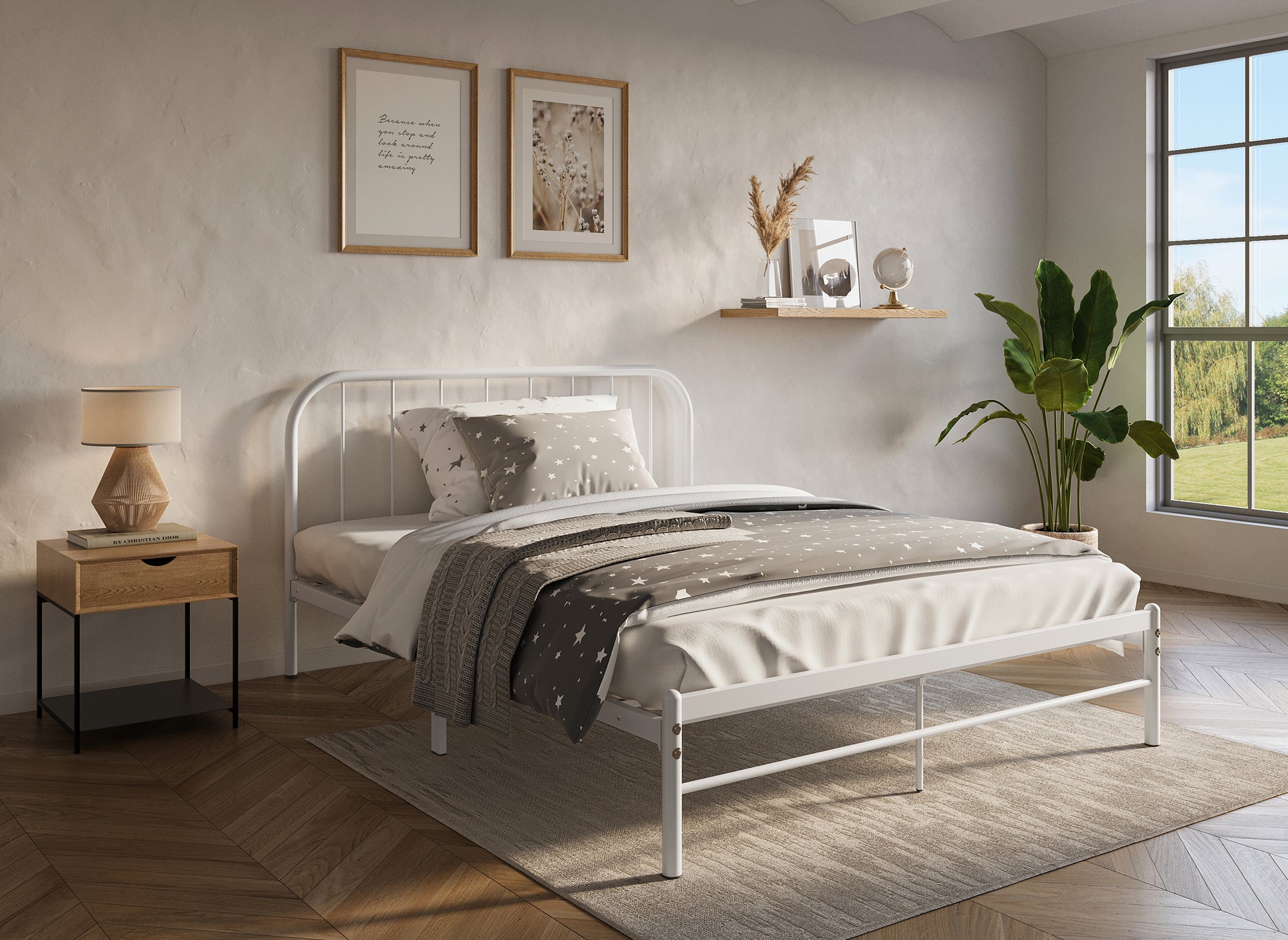 Cama doble GASTON de metal blanco, 160x200 cm