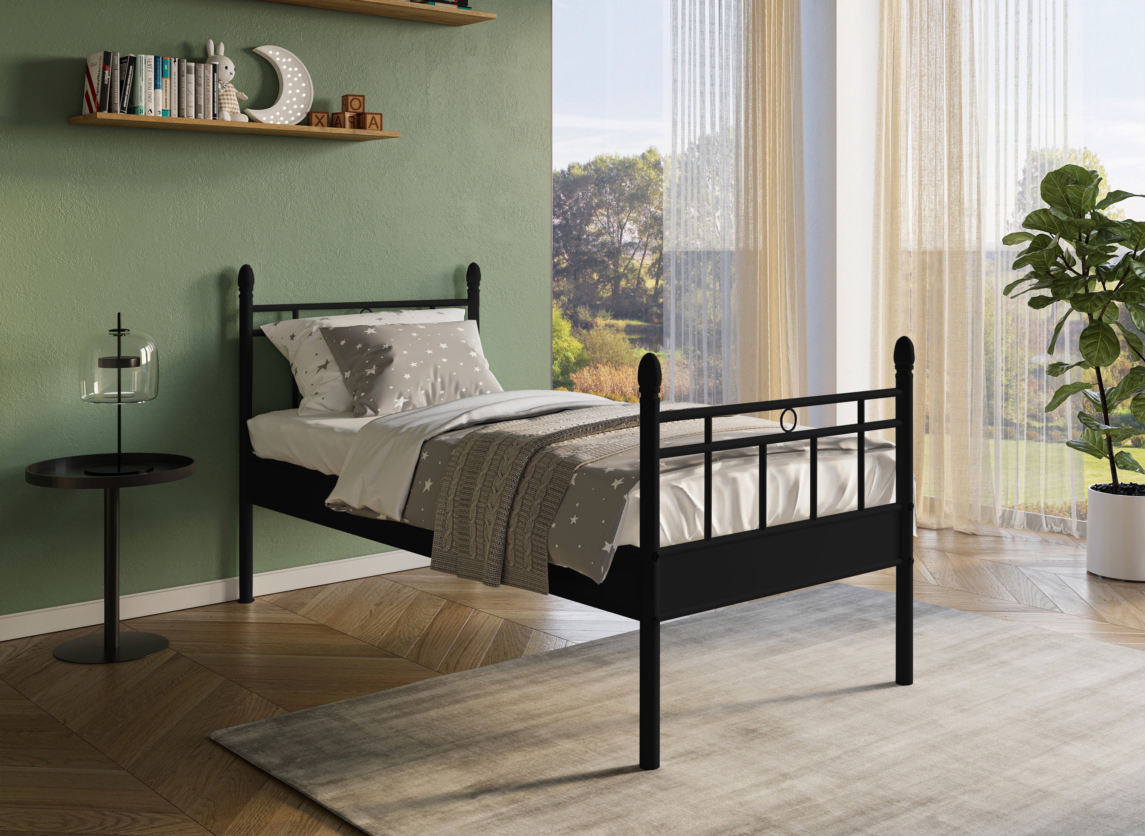 Cama individual KADY de metal negro, 90 x 190 cm