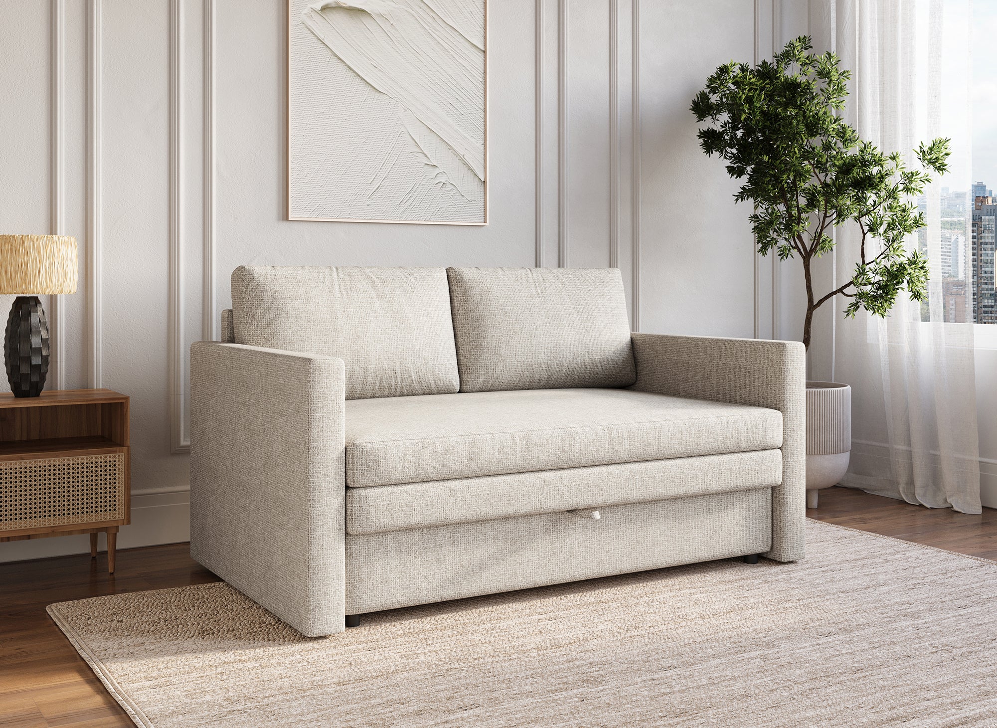 Sofá cama YERAS de 2 plazas con compartimento de almacenamiento en tela beige