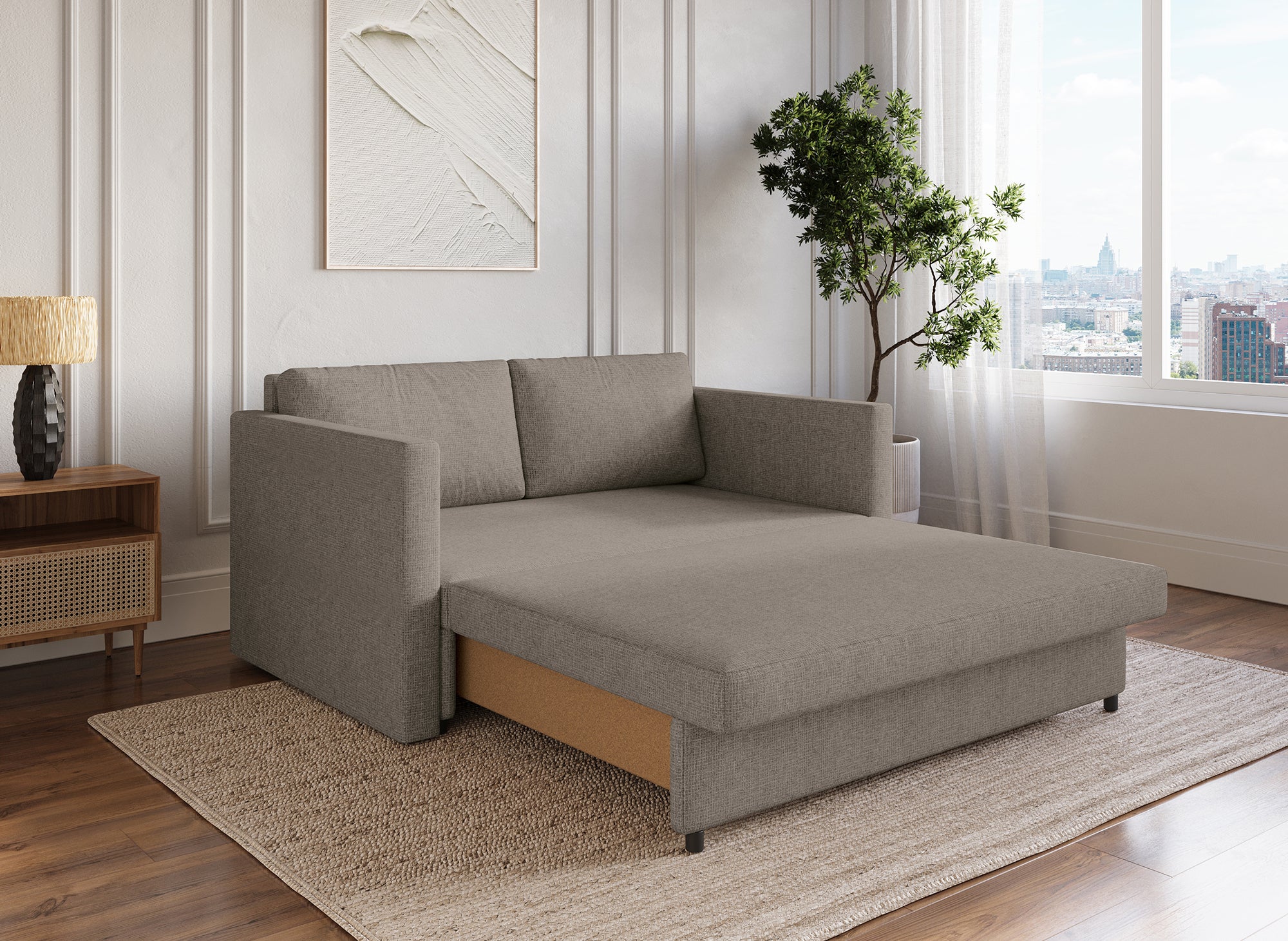 Sofá cama YERAS de 2 plazas con compartimento de almacenamiento en tela color topo