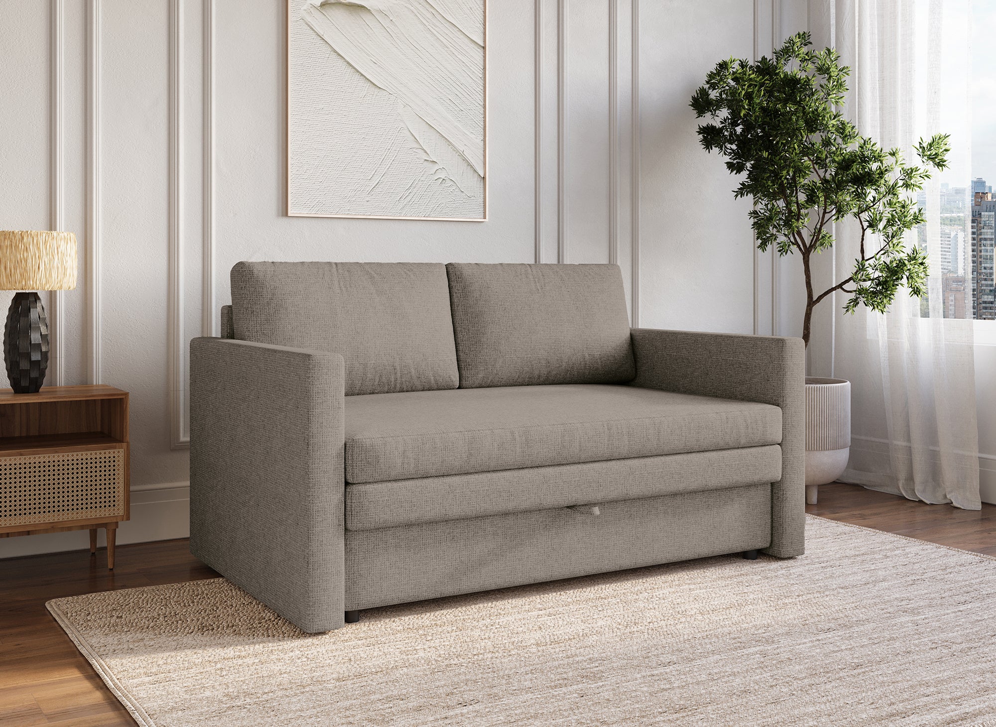 Sofá cama YERAS de 2 plazas con compartimento de almacenamiento en tela color topo