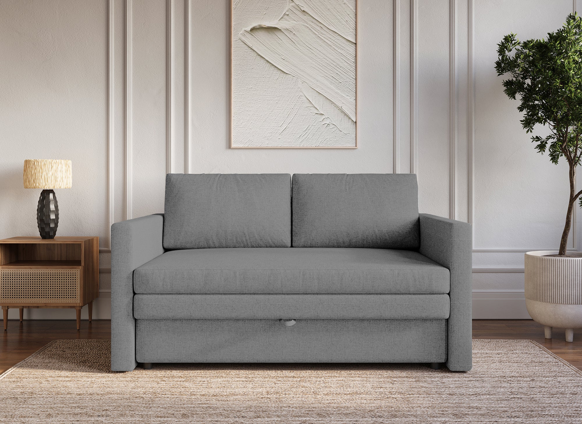 Sofá cama YERAS de 2 plazas con compartimento de almacenamiento en tela gris