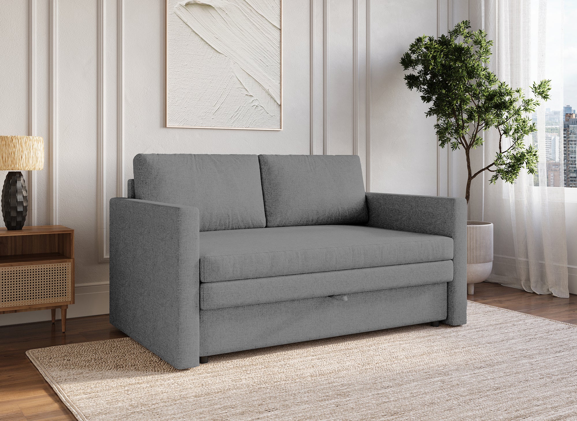 Sofá cama YERAS de 2 plazas con compartimento de almacenamiento en tela gris