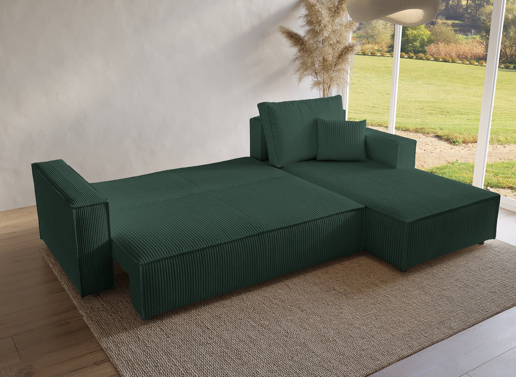 Sofá cama esquinero reversible SYNA con almacenaje en pana verde