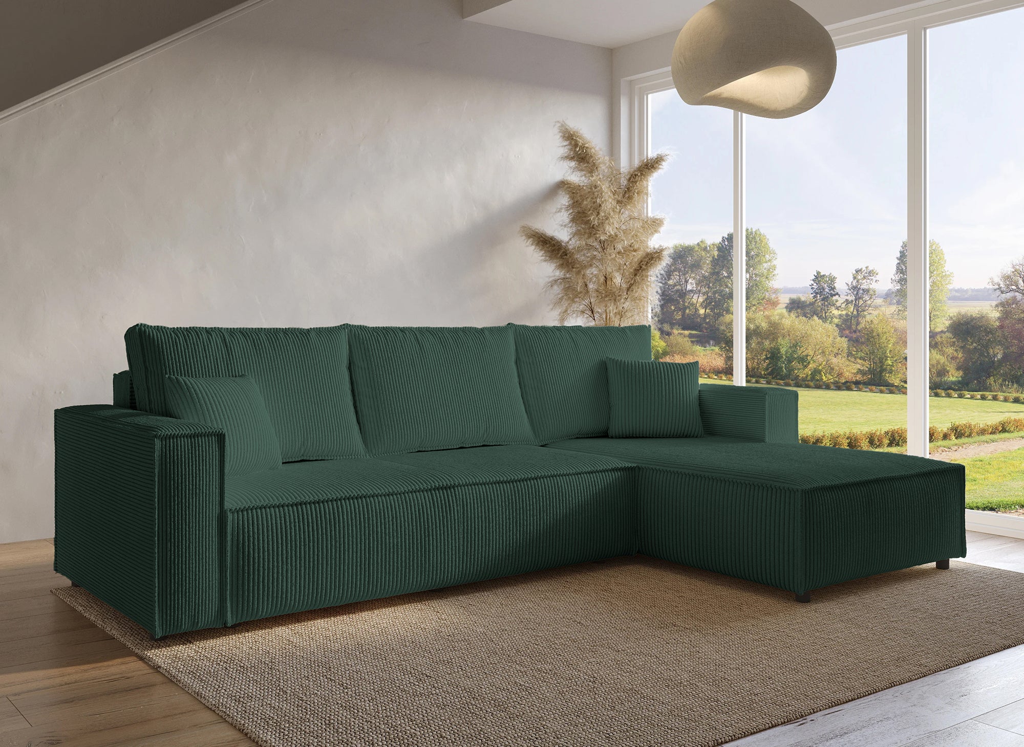 Sofá cama esquinero reversible SYNA con almacenaje en pana verde