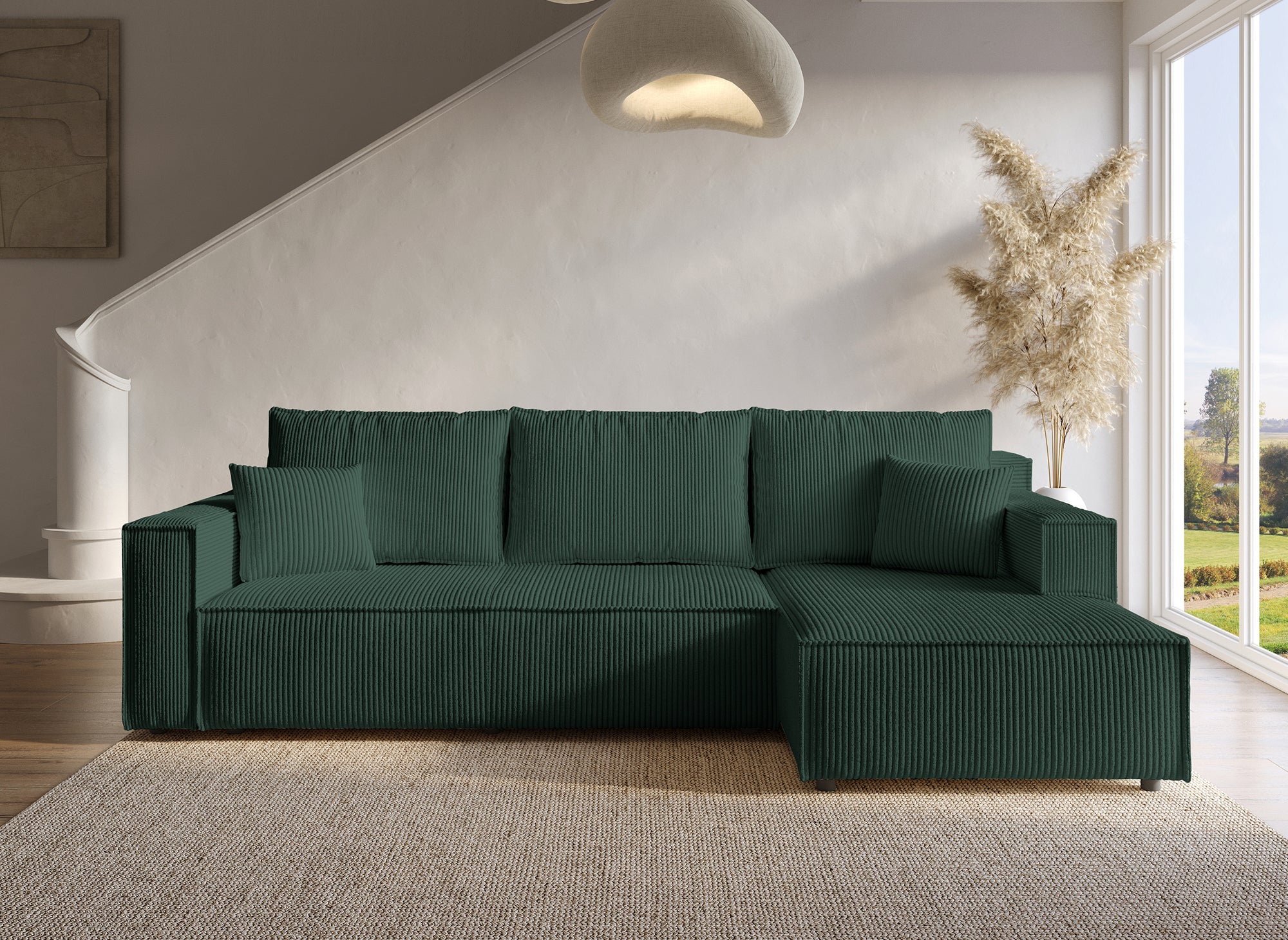 Sofá cama esquinero reversible SYNA con almacenaje en pana verde