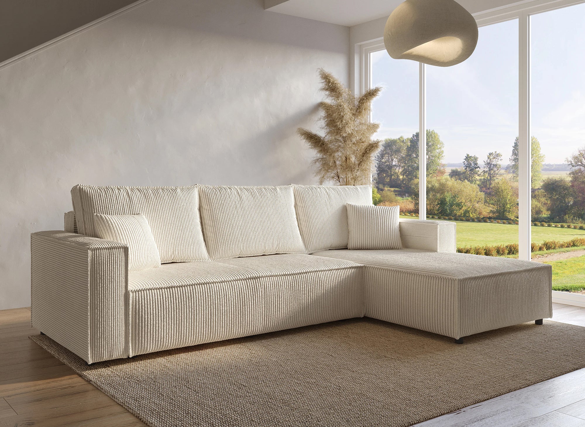 Sofá cama esquinero reversible SYNA con almacenaje en pana beige