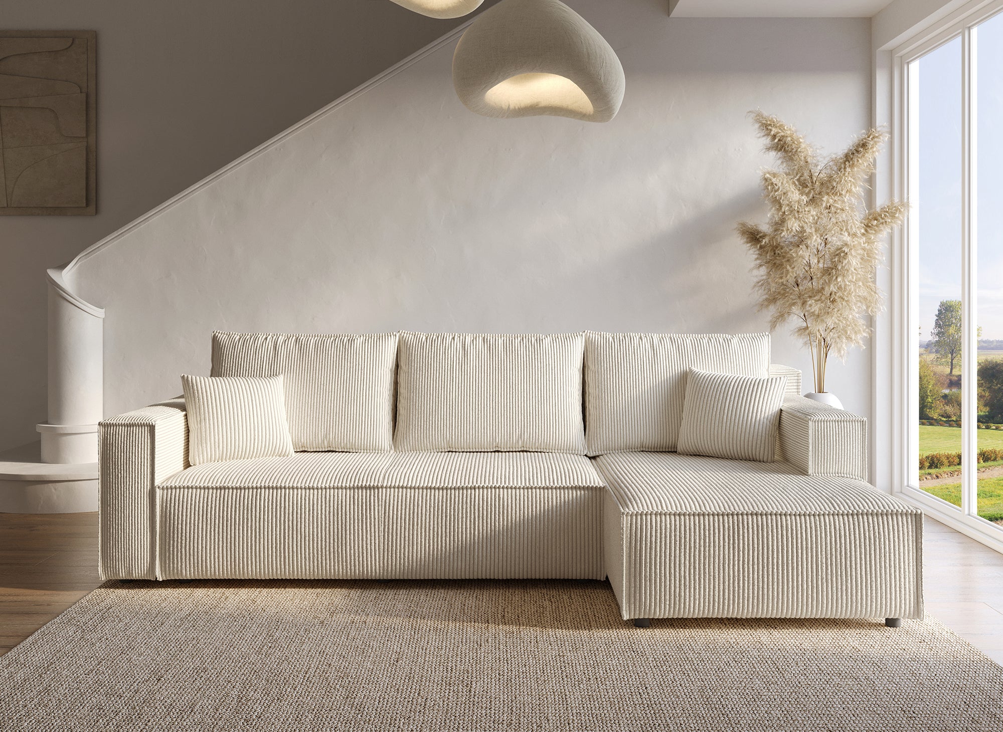 Sofá cama esquinero reversible SYNA con almacenaje en pana beige