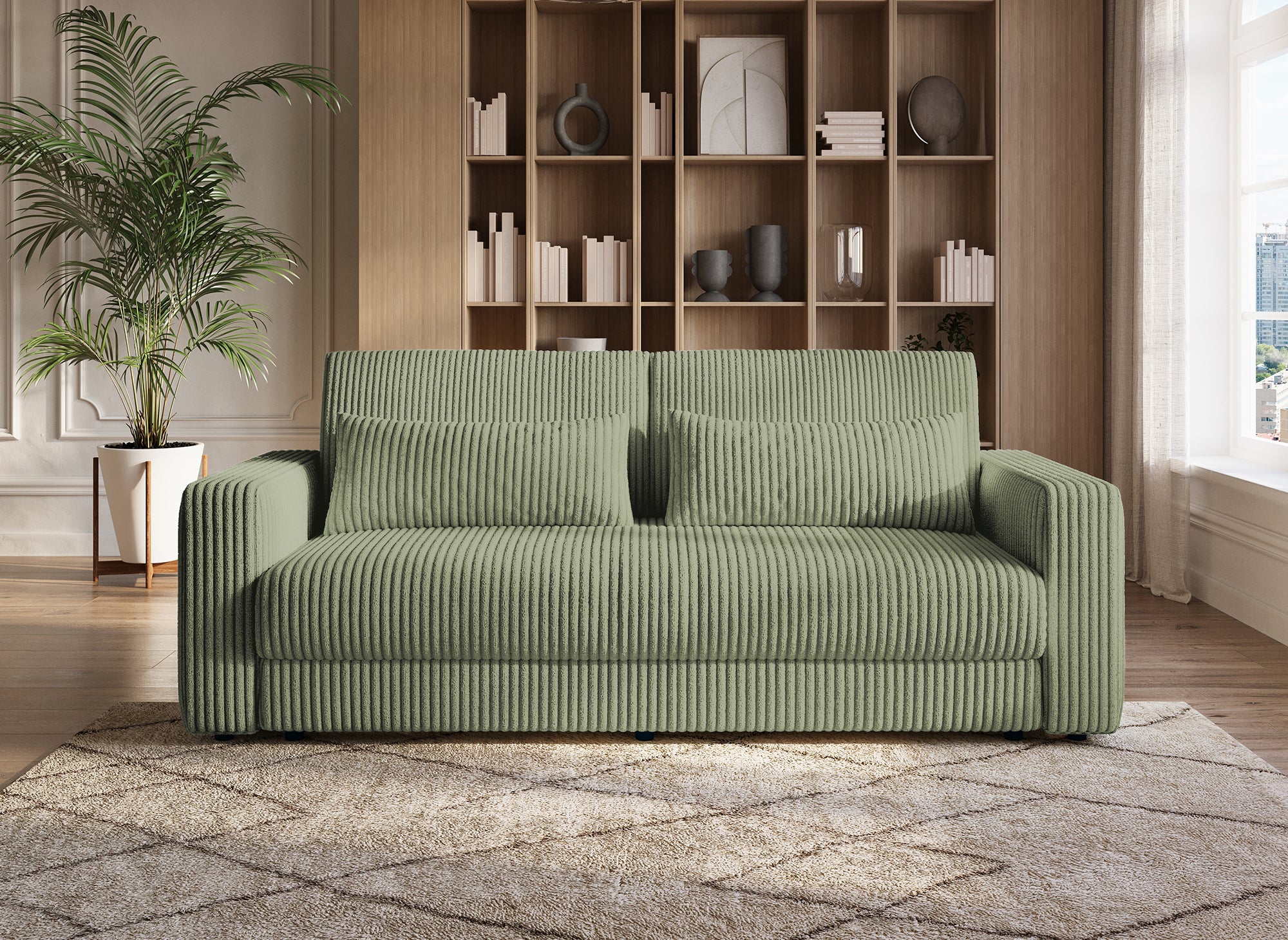 Sofá cama ZURIA de 3 plazas con almacenaje en pana gruesa verde caqui