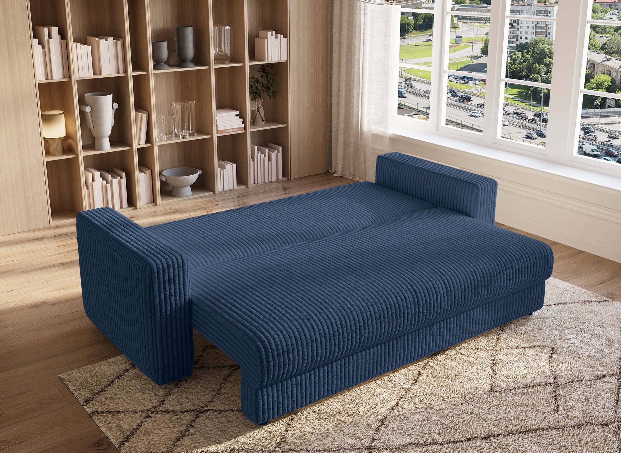 Sofá cama ZURIA de 3 plazas con almacenaje en pana azul gruesa