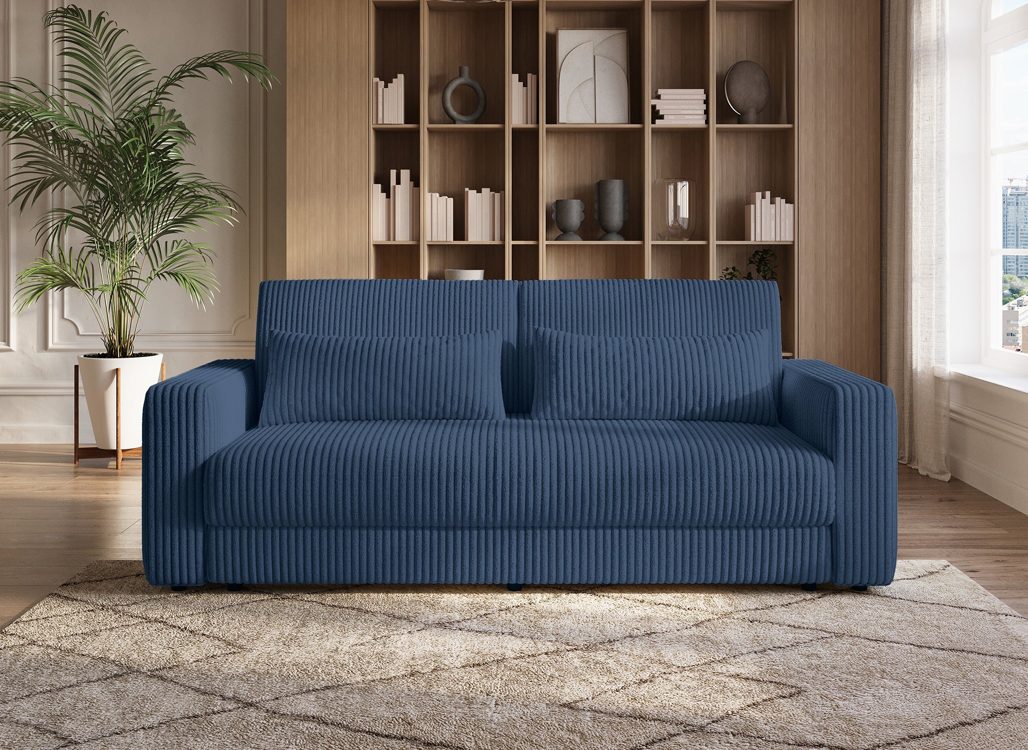 Sofá cama ZURIA de 3 plazas con almacenaje en pana azul gruesa