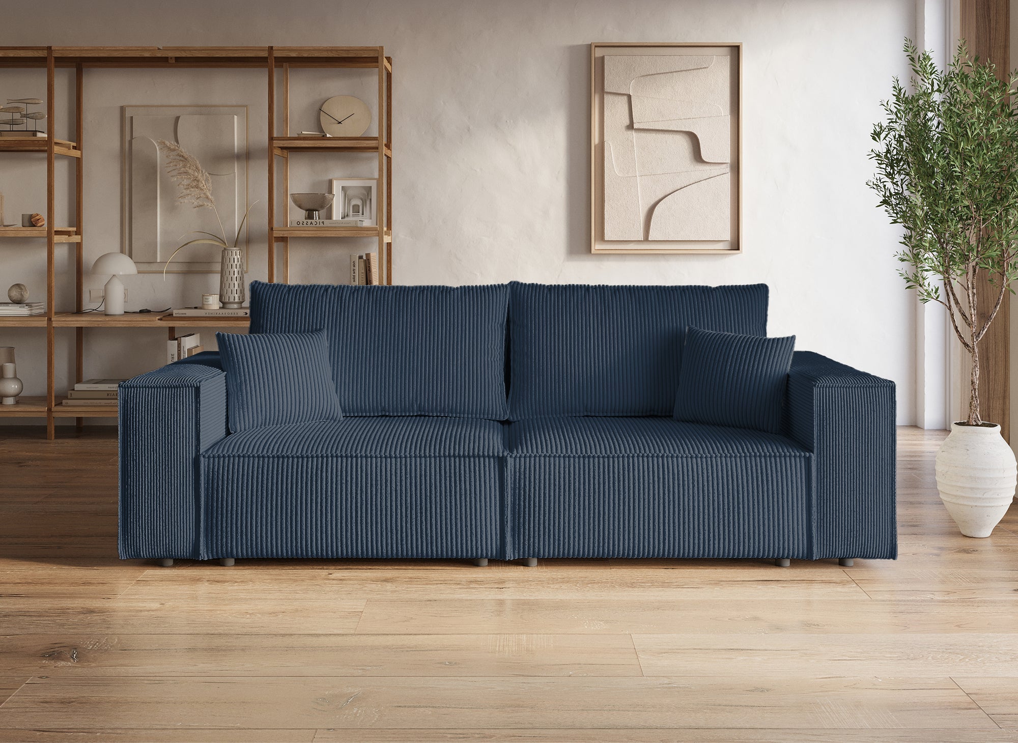 Sofá JADE de 3 plazas con almacenaje en terciopelo azul