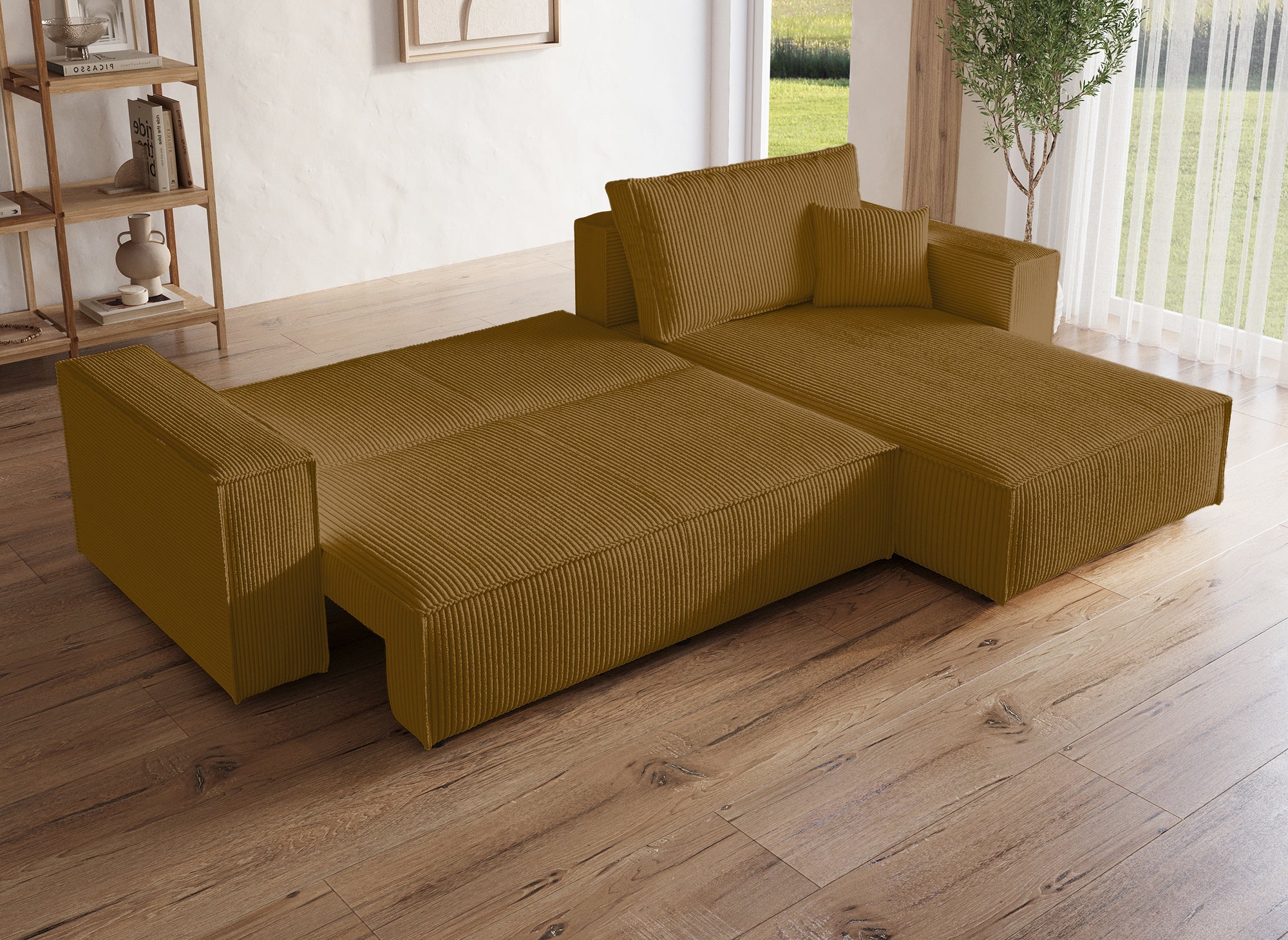Sofá esquinero convertible y reversible con almacenaje en pana color mostaza - JADE