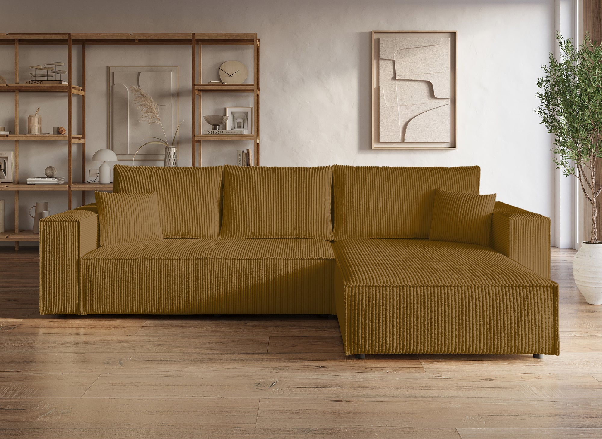 Sofá esquinero convertible y reversible con almacenaje en pana color mostaza - JADE