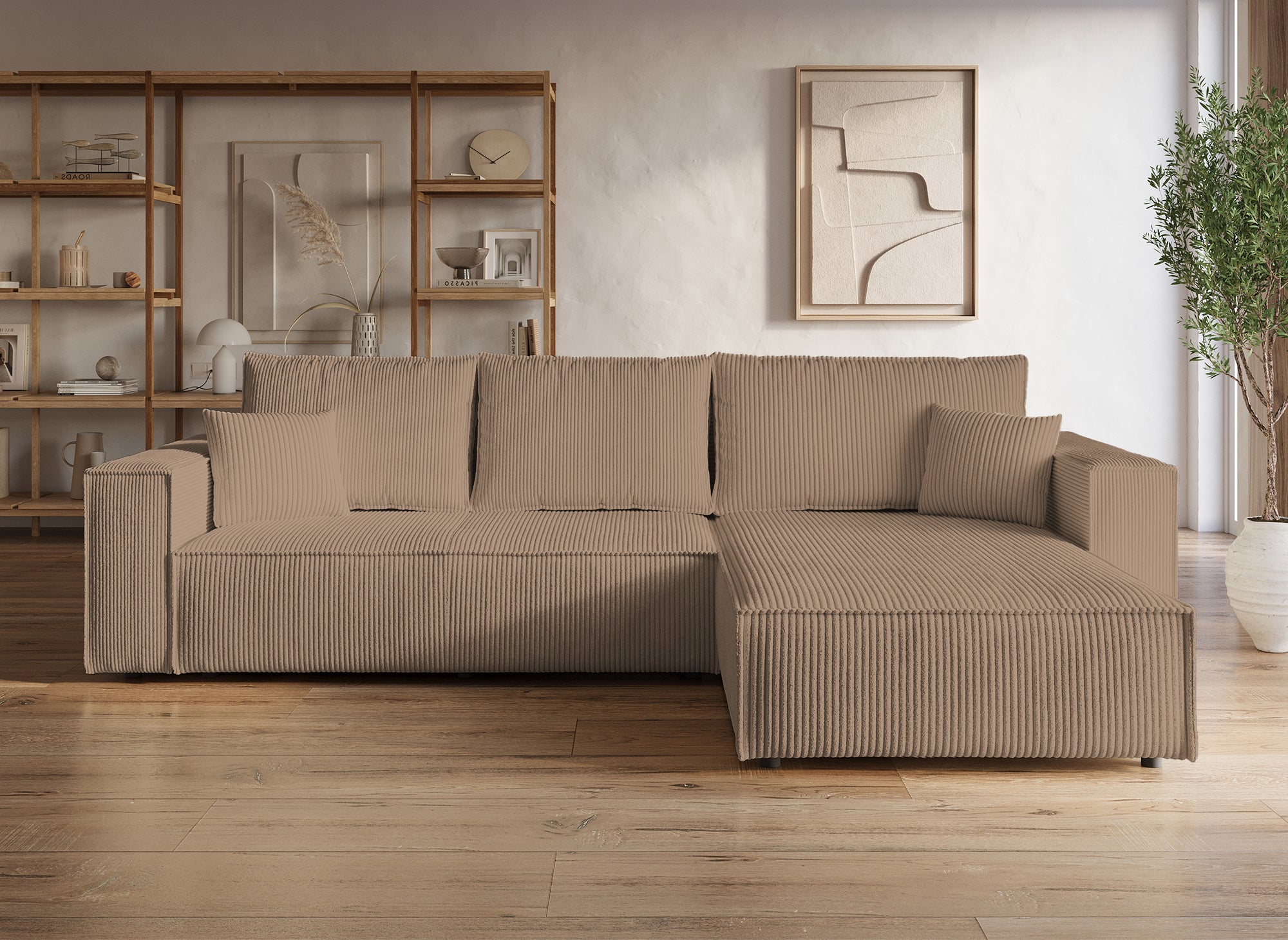 Sofá esquinero convertible y reversible con almacenaje en pana color moca JADE