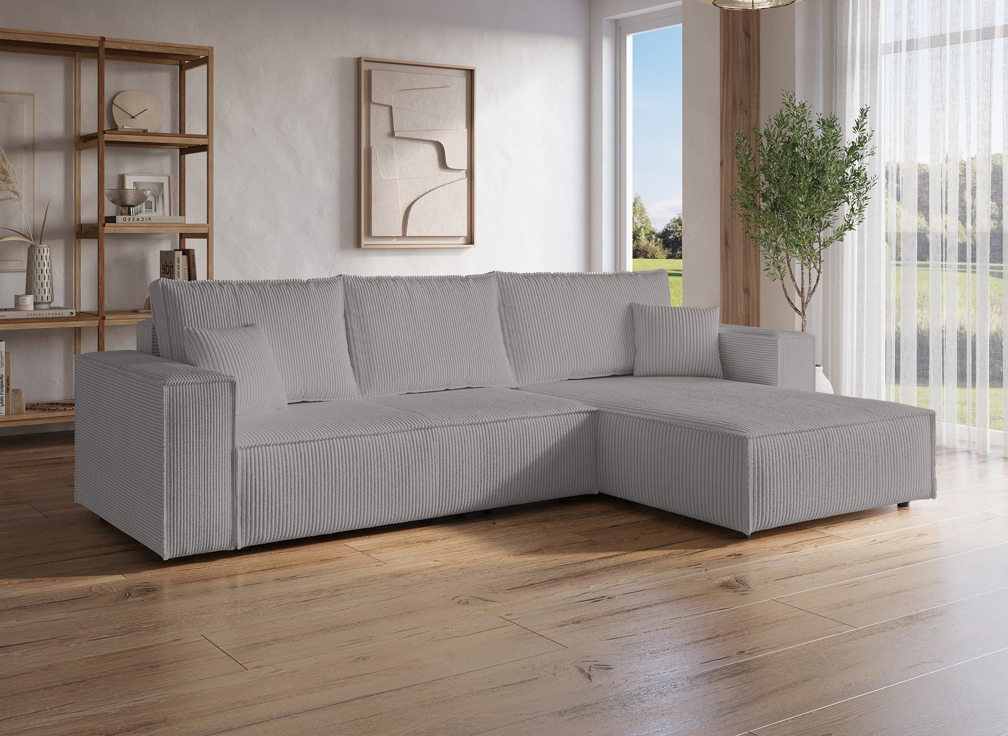 Sofá esquinero convertible y reversible con almacenaje en pana gris claro - JADE