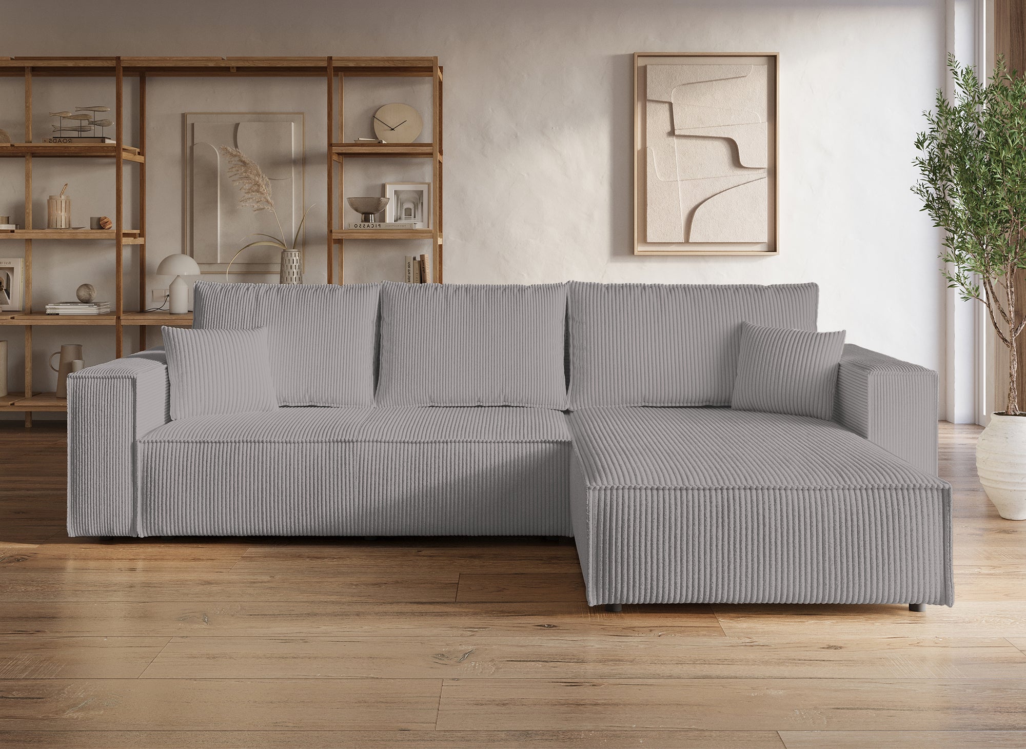 Sofá esquinero convertible y reversible con almacenaje en pana gris claro - JADE