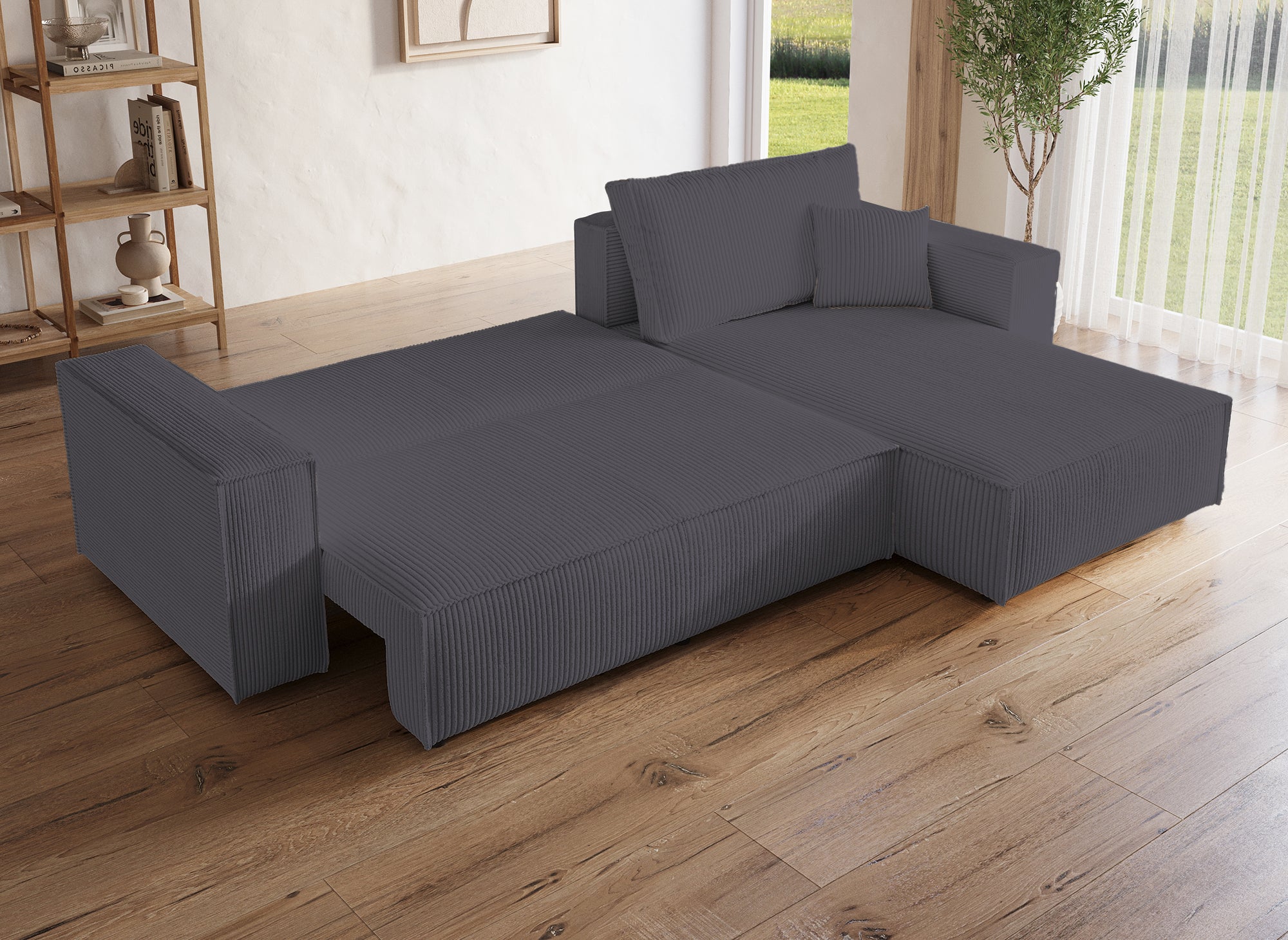 Sofá esquinero convertible y reversible con almacenaje en pana gris antracita - JADE