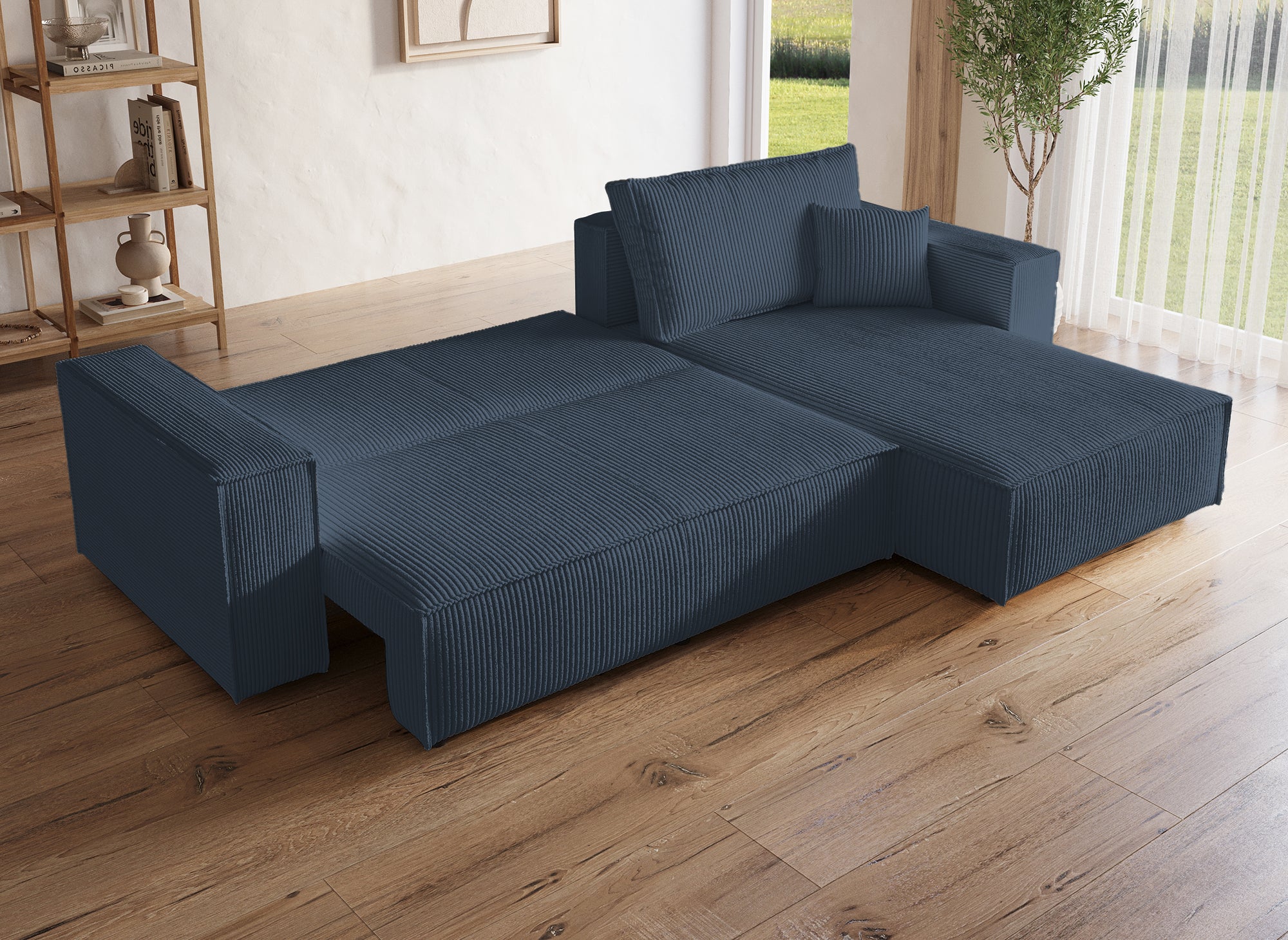 Sofá esquinero convertible y reversible con almacenaje en pana azul oscuro - JADE