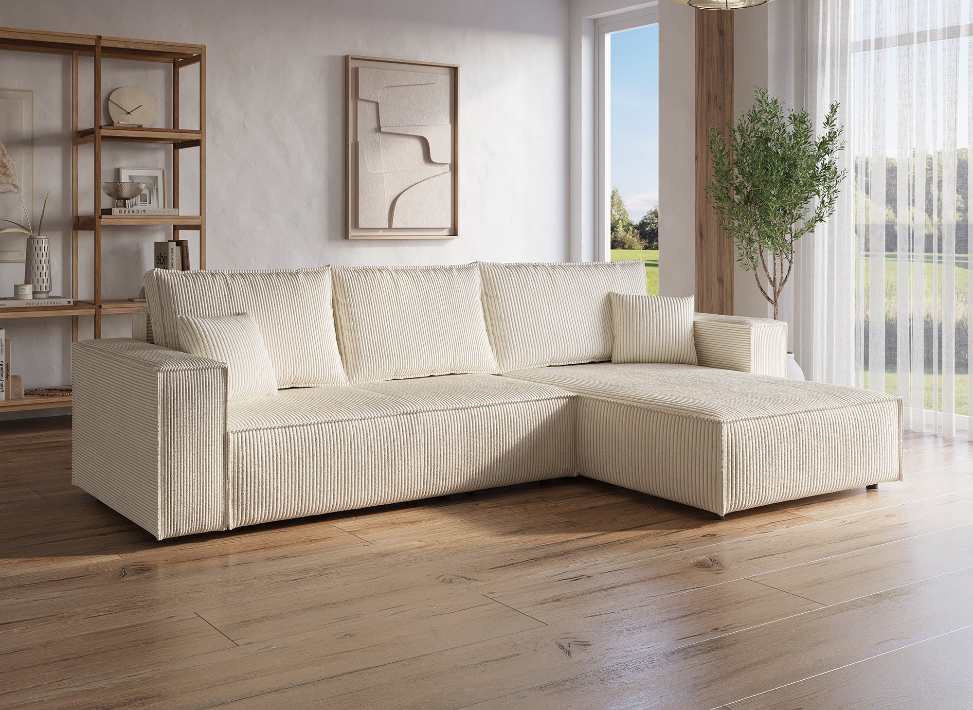 Sofá esquinero convertible y reversible con almacenaje en pana beige JADE