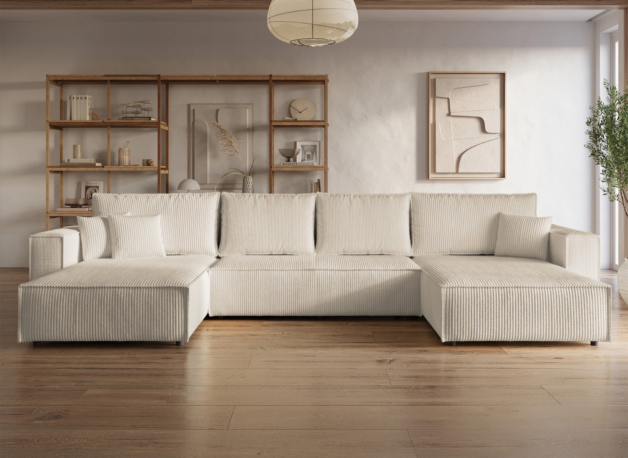 Sofá panorámico convertible JADE con almacenaje en pana beige