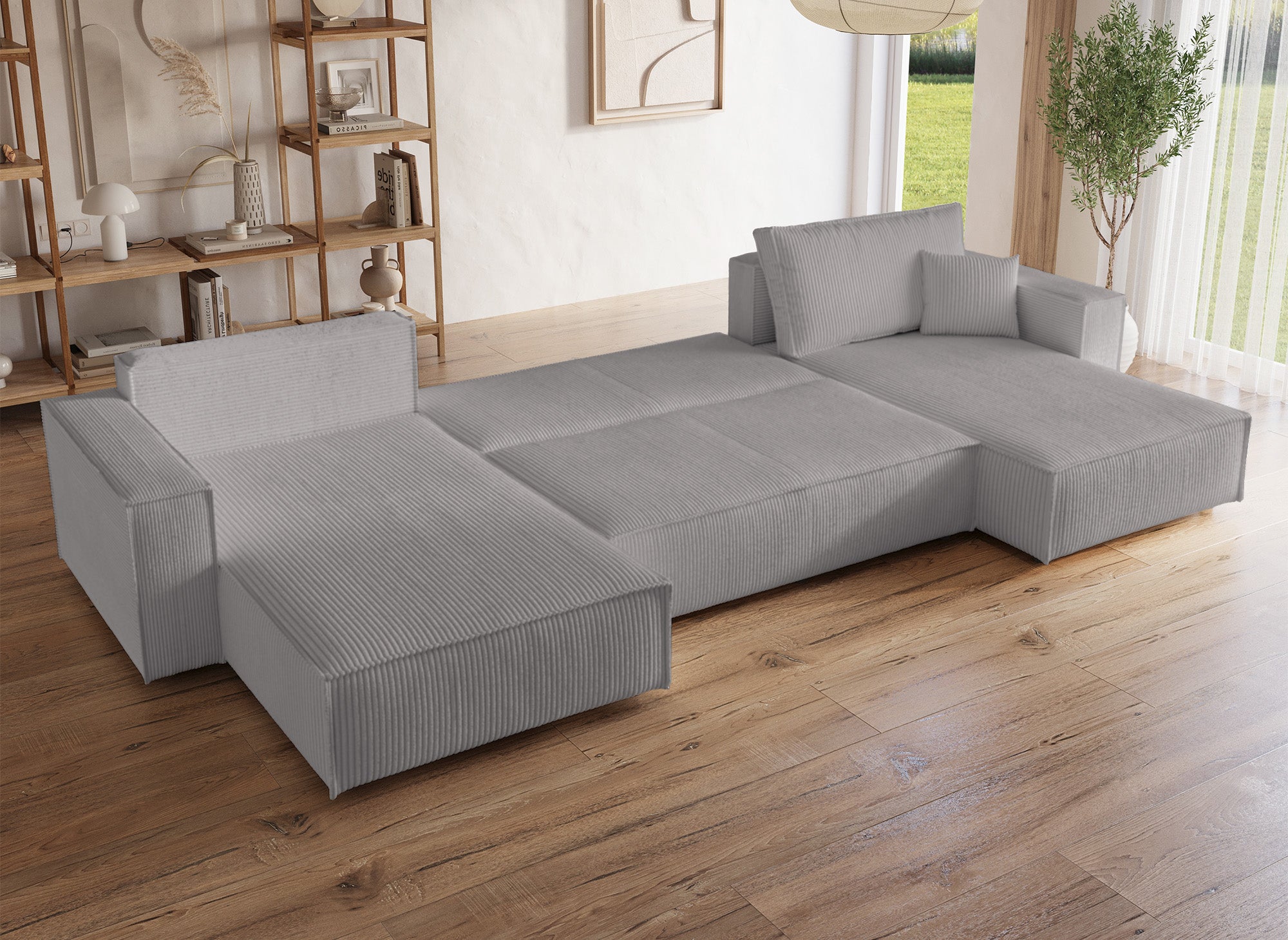 Sofá panorámico convertible JADE con almacenaje en pana gris claro