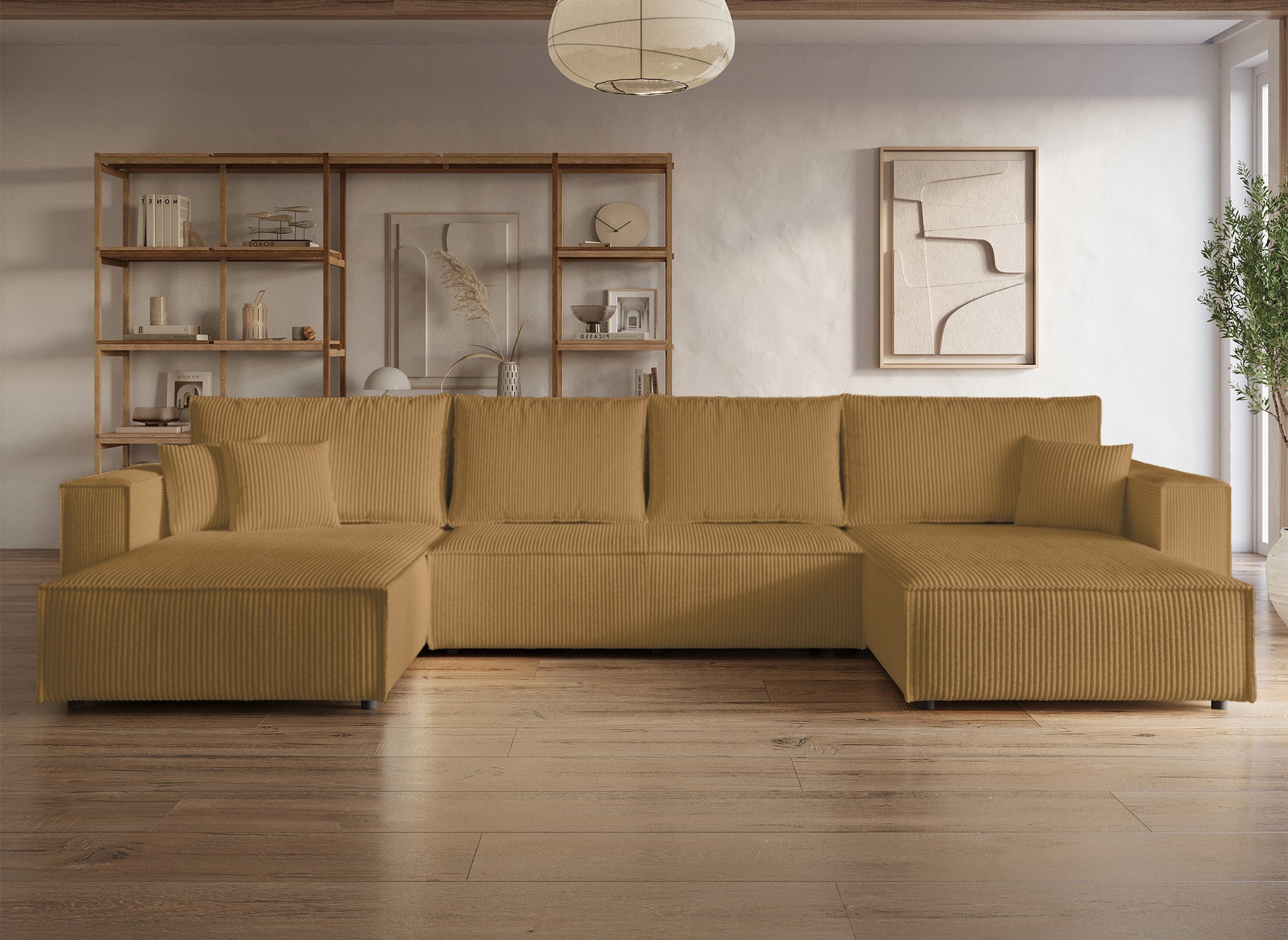 Sofá cama panorámico convertible JADE con almacenaje en pana color mostaza