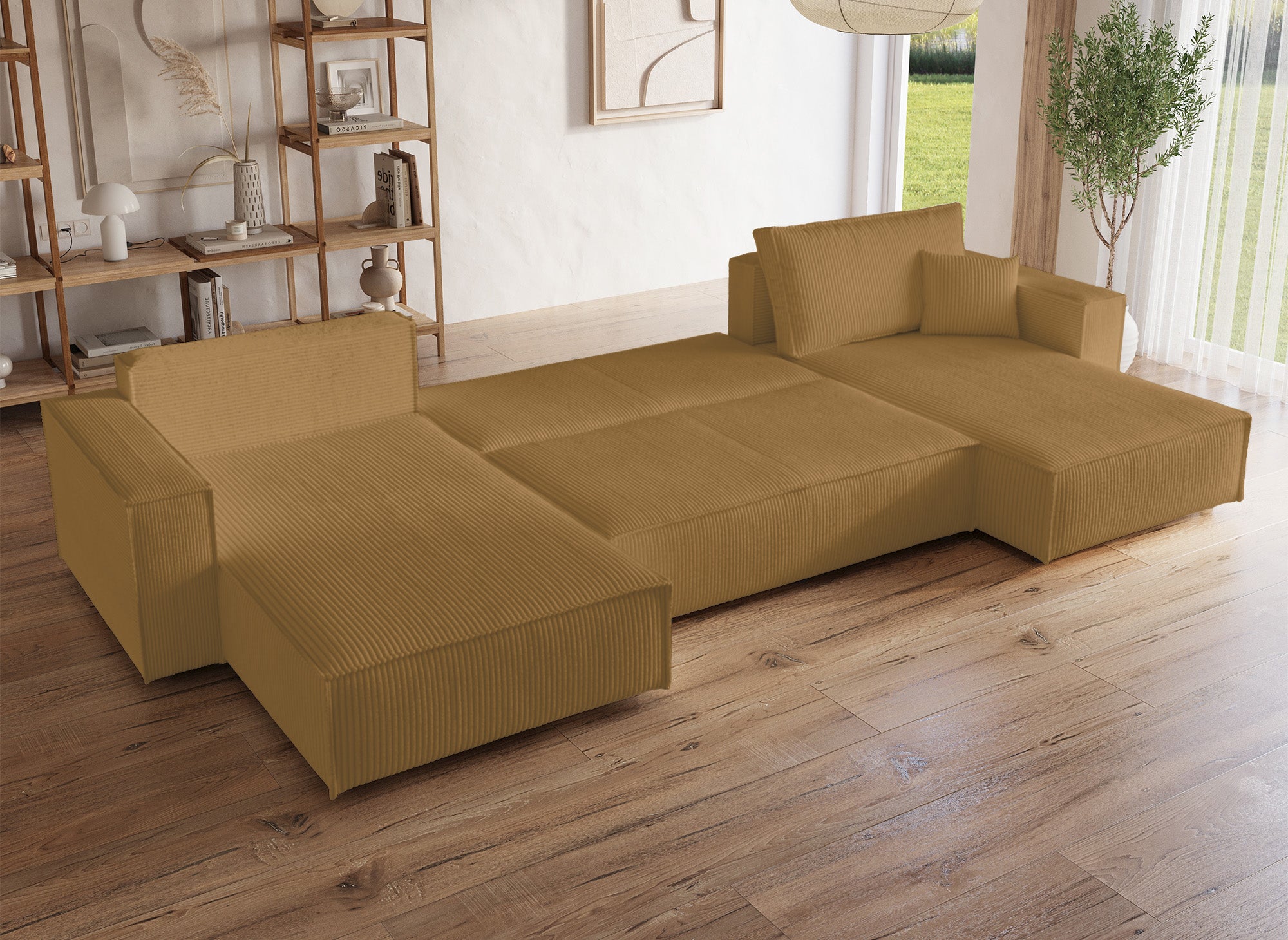 Sofá cama panorámico convertible JADE con almacenaje en pana color mostaza