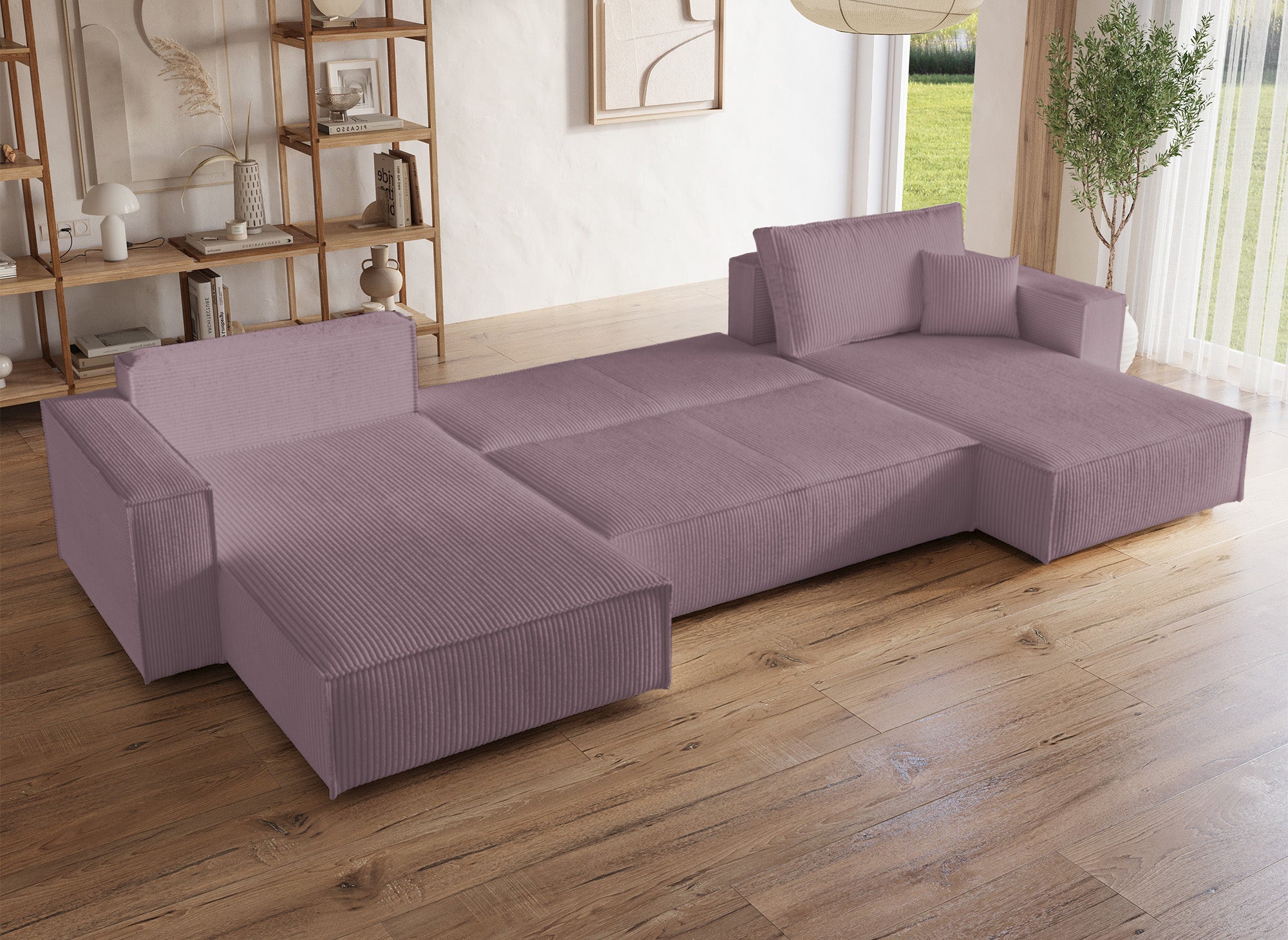 Sofá cama panorámico convertible JADE con almacenamiento en pana lila