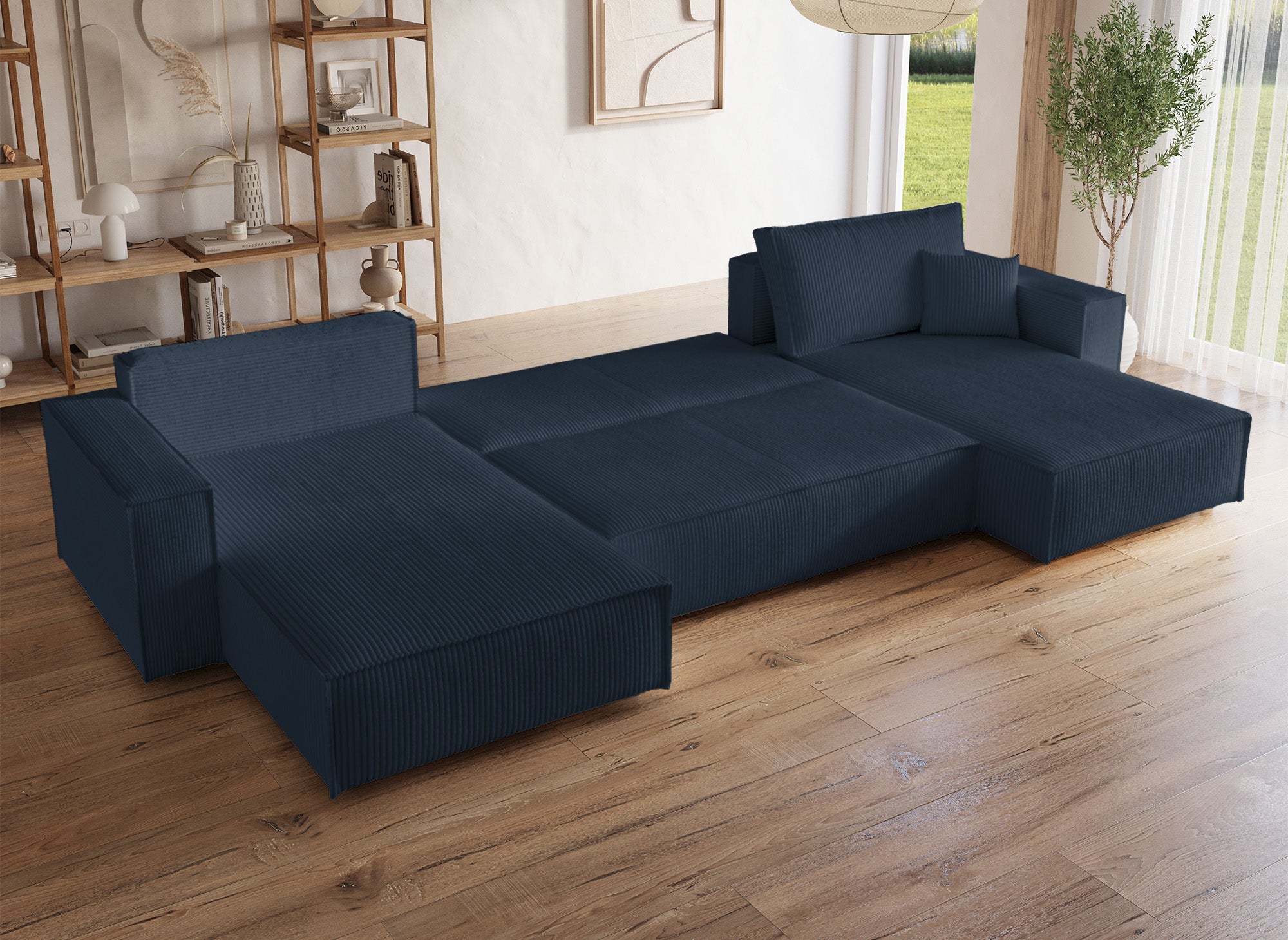 Sofá cama panorámico convertible JADE con almacenamiento en pana azul oscuro