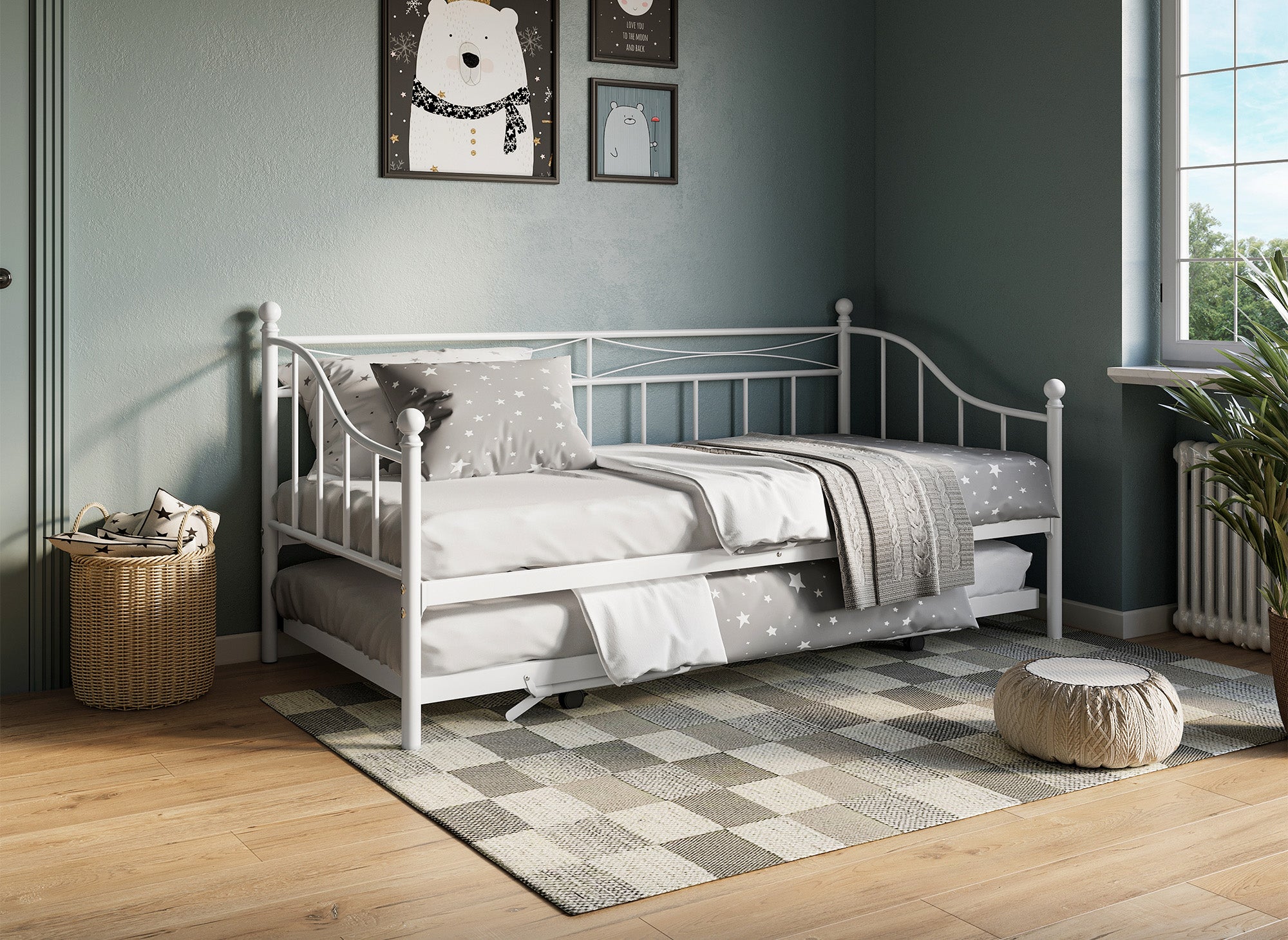 Sofá cama ALICIA de metal blanco con cama extraíble, 90 x 190 cm