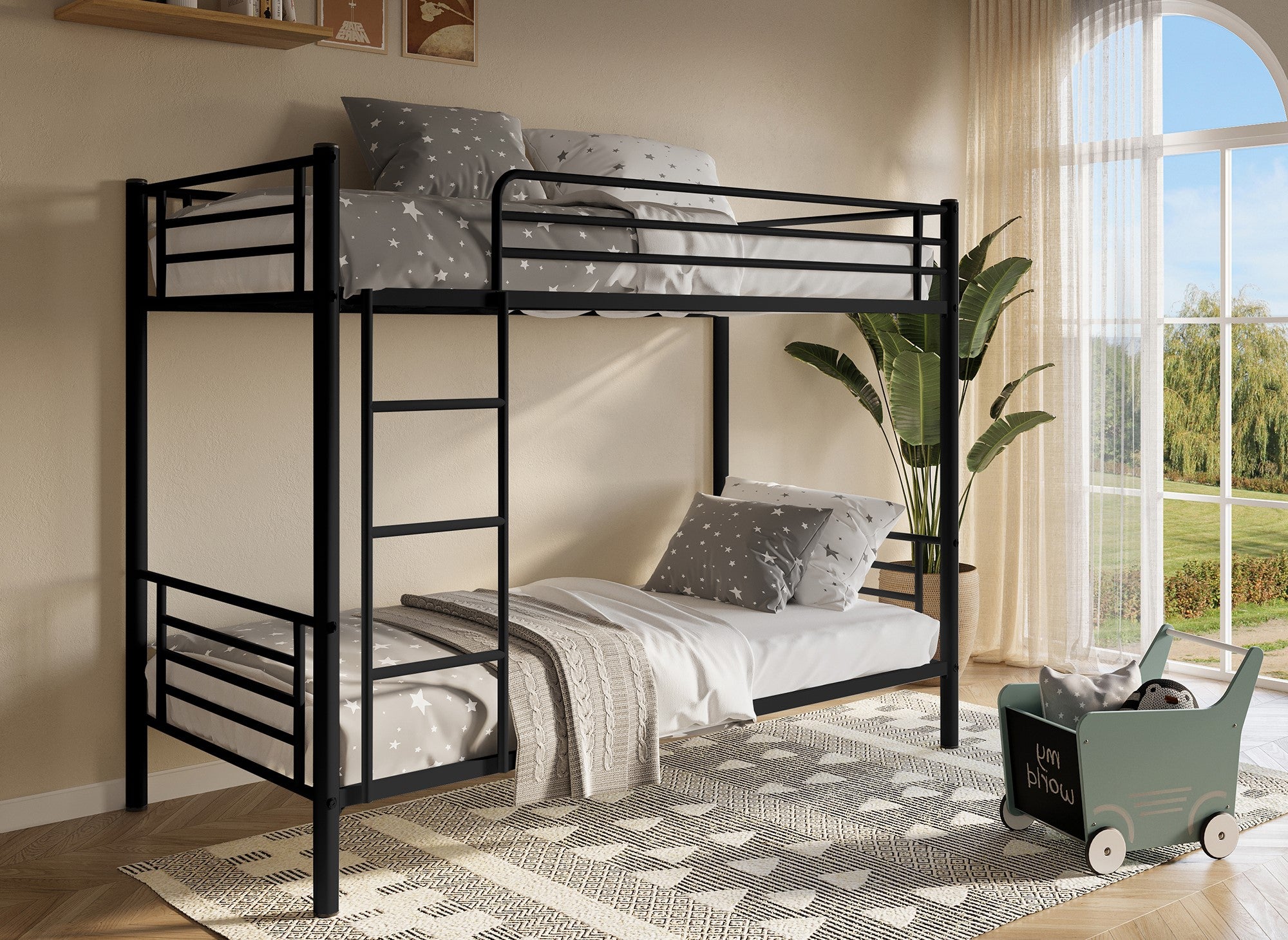 Litera de metal negro 90 x 190 cm para dos camas individuales + somier de láminas