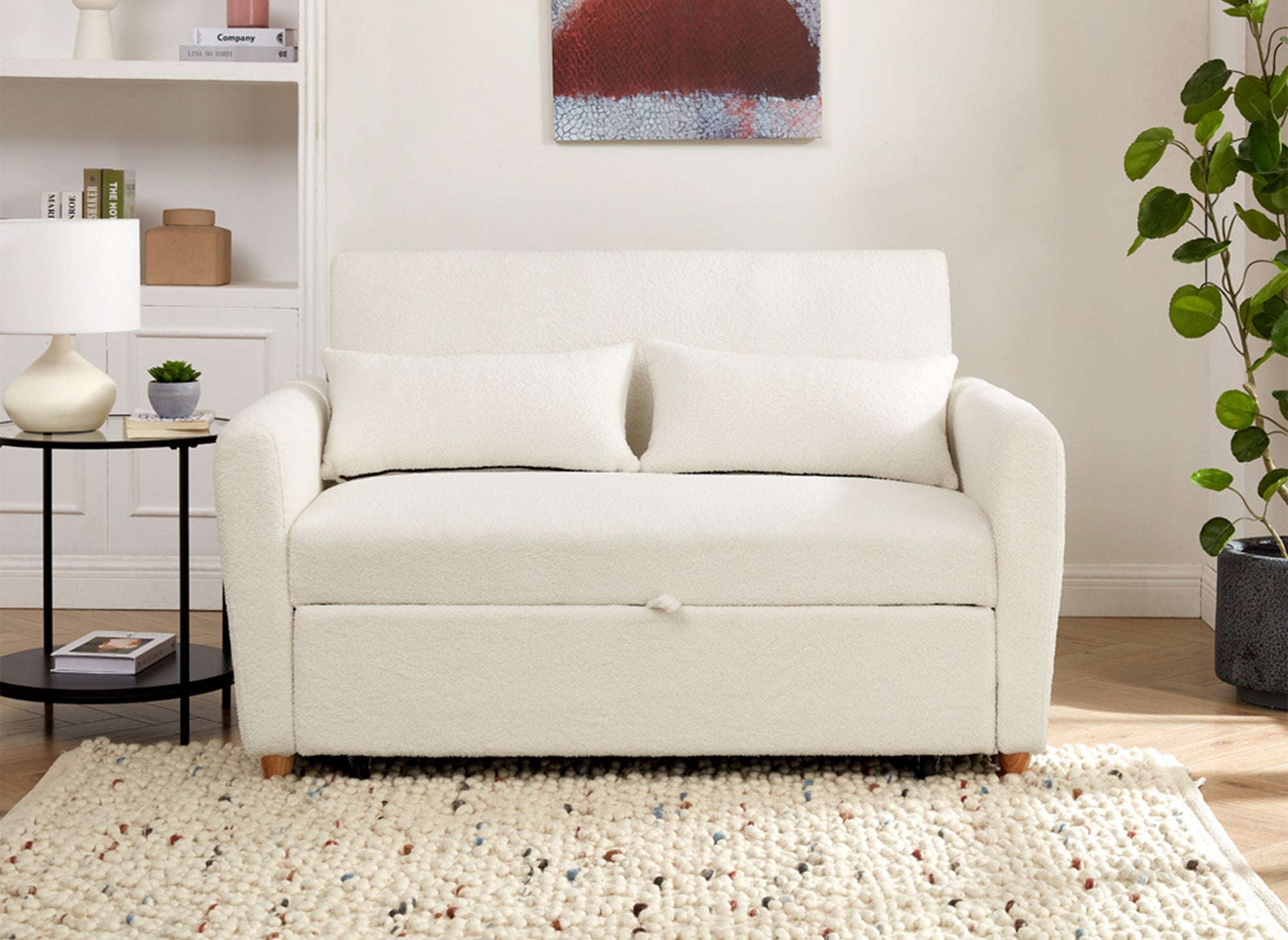 Sofá cama escandinavo KALAYA en tejido bouclé color blanco hueso