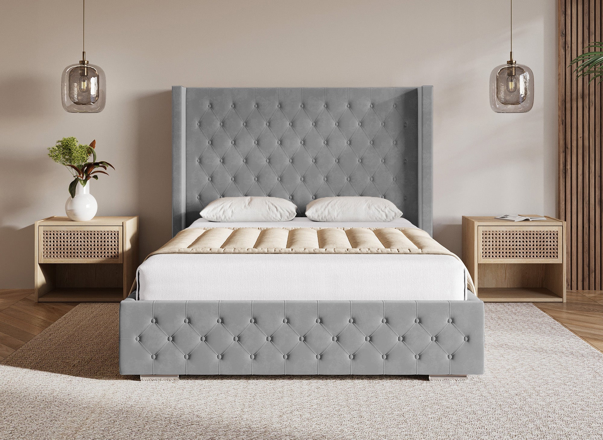 Cama con almacenaje PERLA de terciopelo gris 180x200 cm