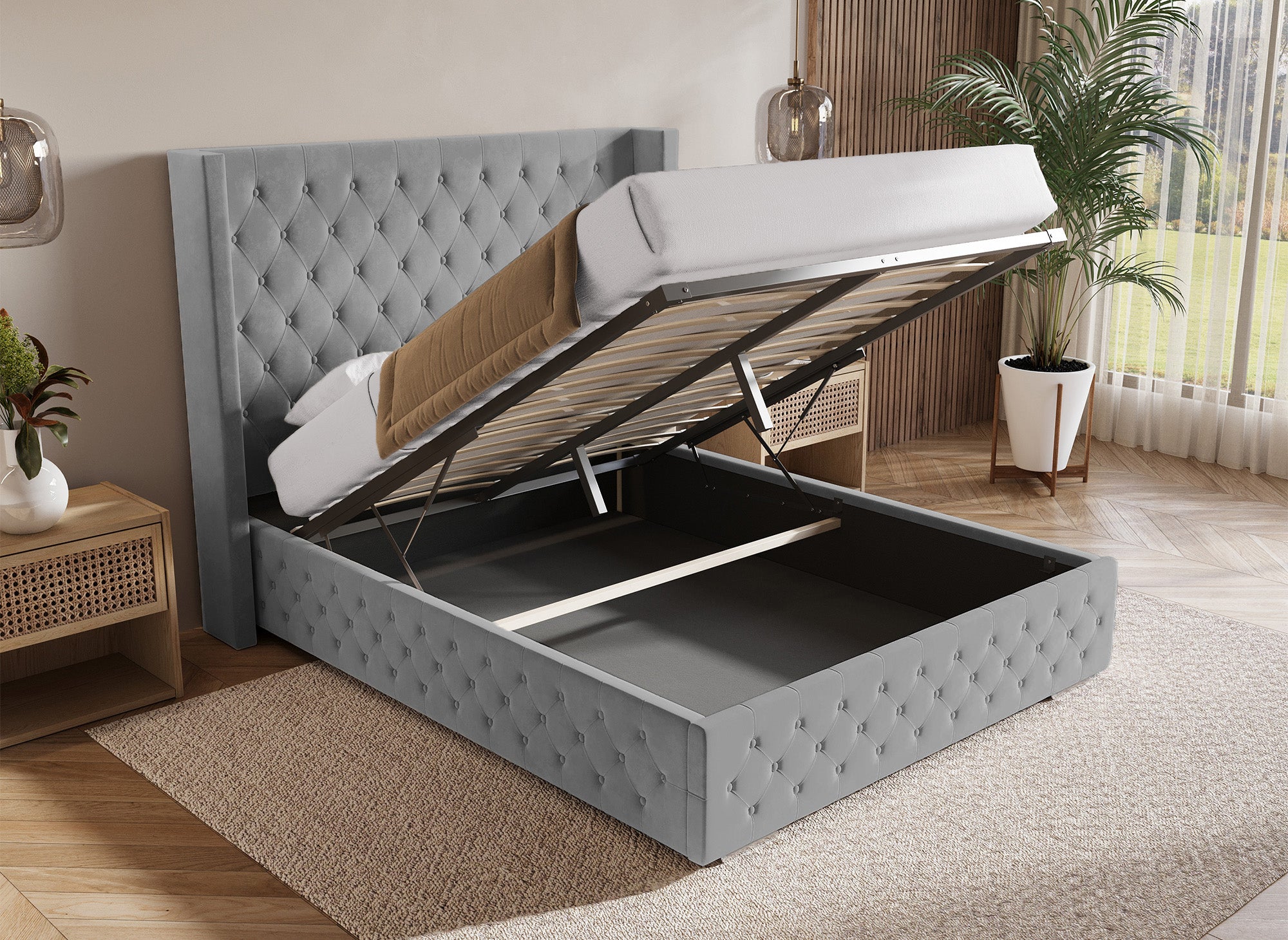 Cama con almacenaje PERLA de terciopelo gris 160x200 cm