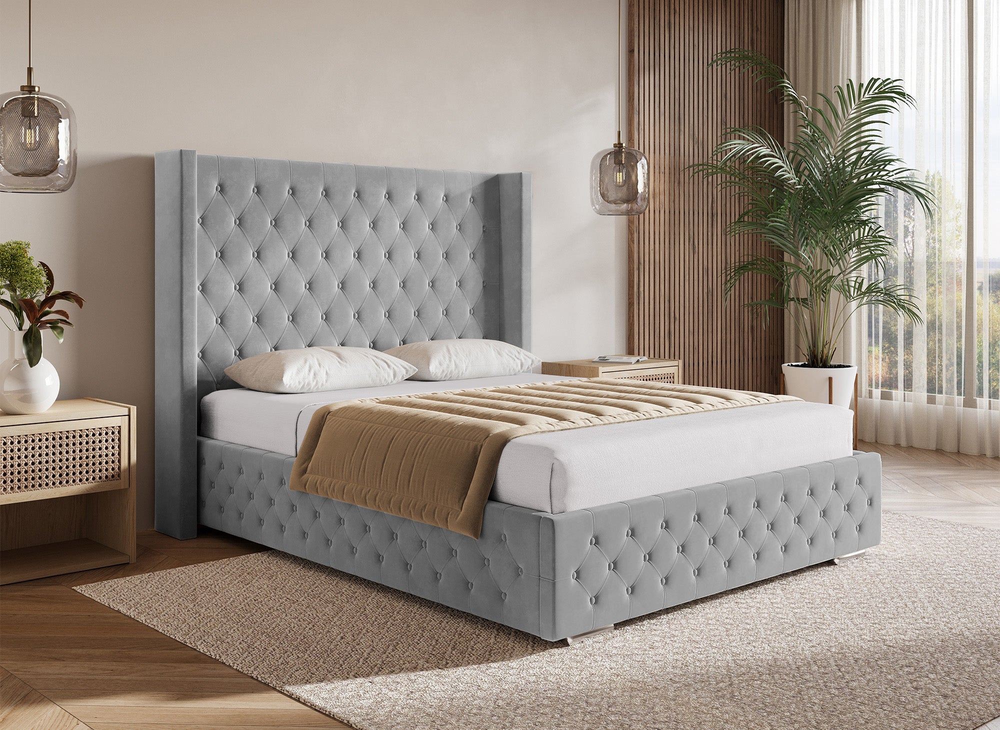Cama con almacenaje PERLA de terciopelo gris 140x190 cm