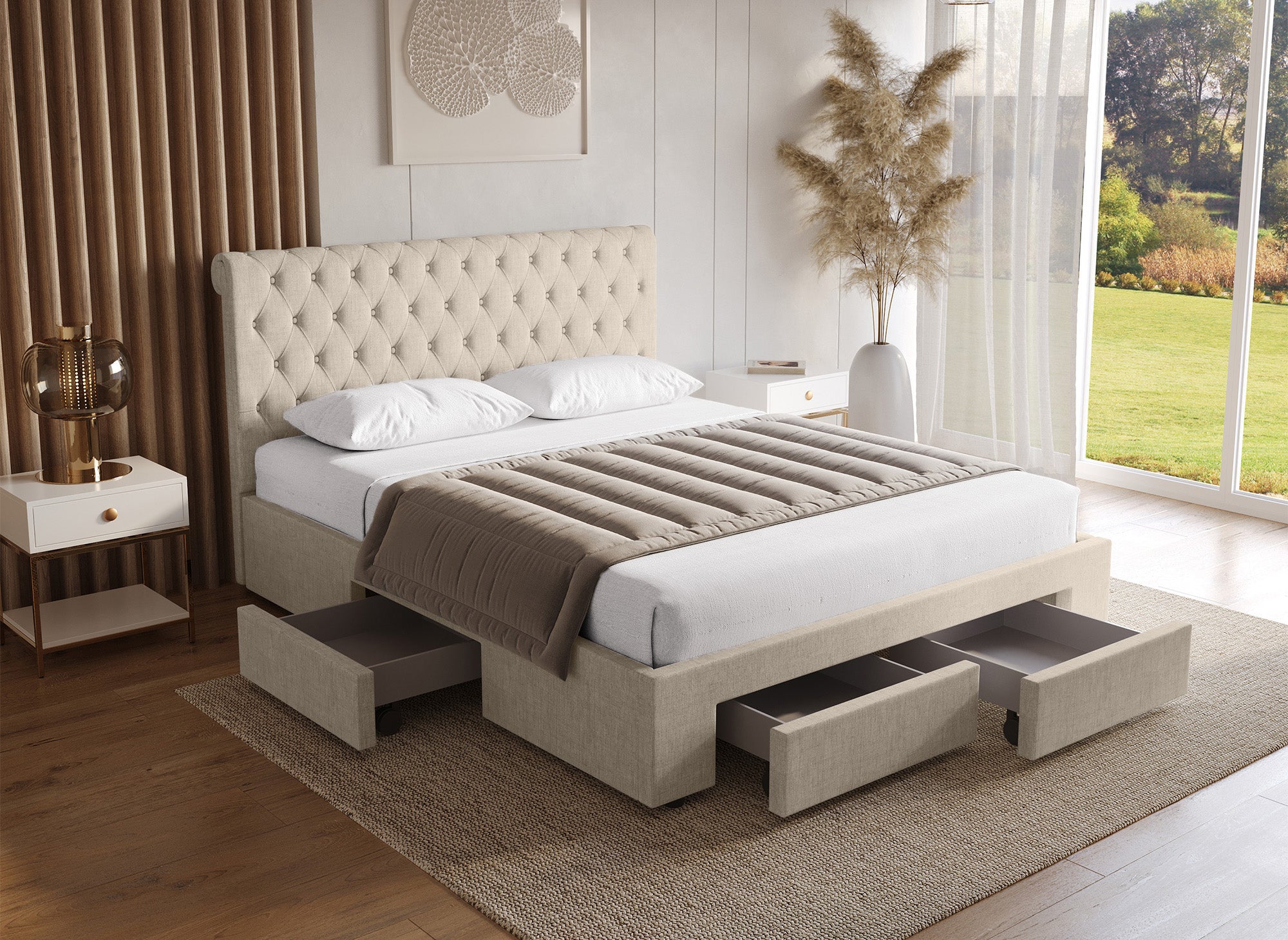 Cama doble con 4 cajones en lino beige 140x190 cm LEANDRÉ