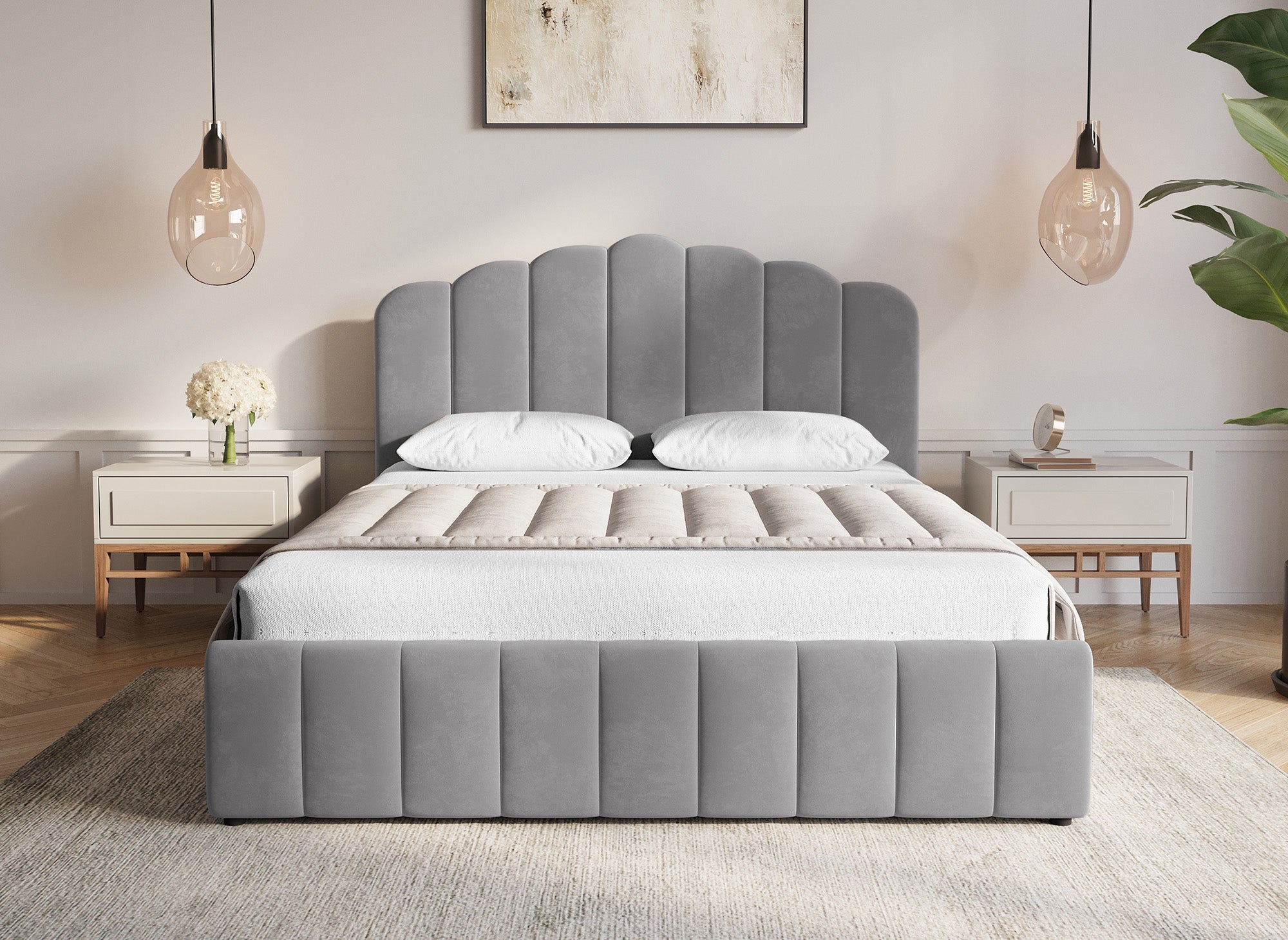 Cama con almacenaje ELVIRA de terciopelo gris 180x200 cm