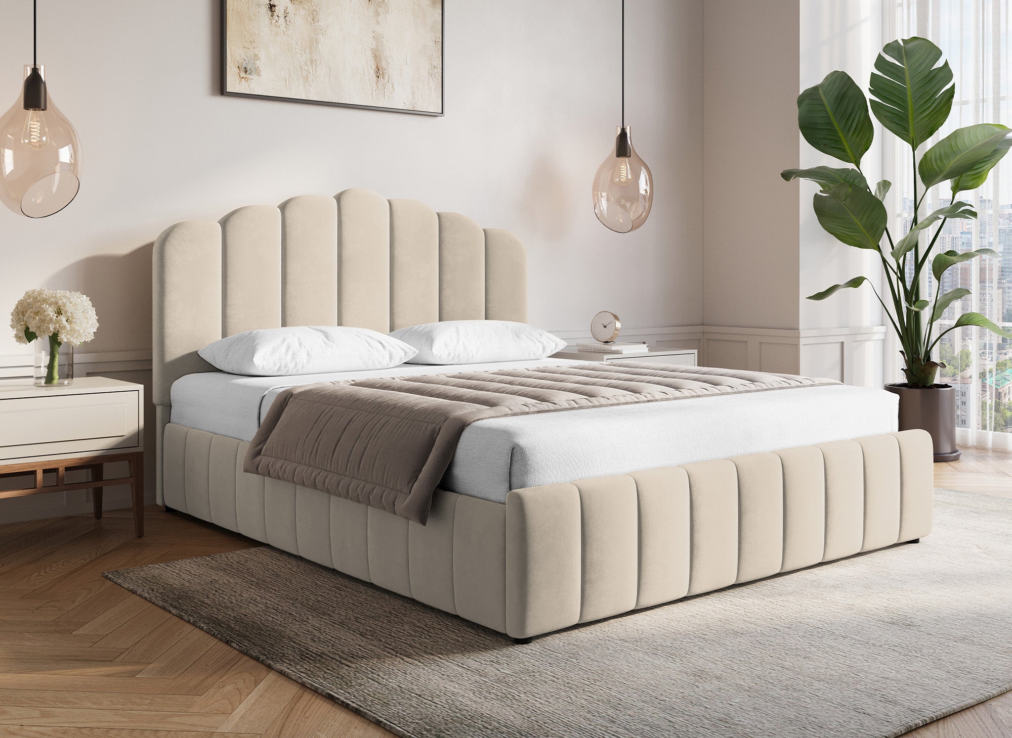 Cama Elvira de terciopelo beige con almacenaje, 140x190 cm
