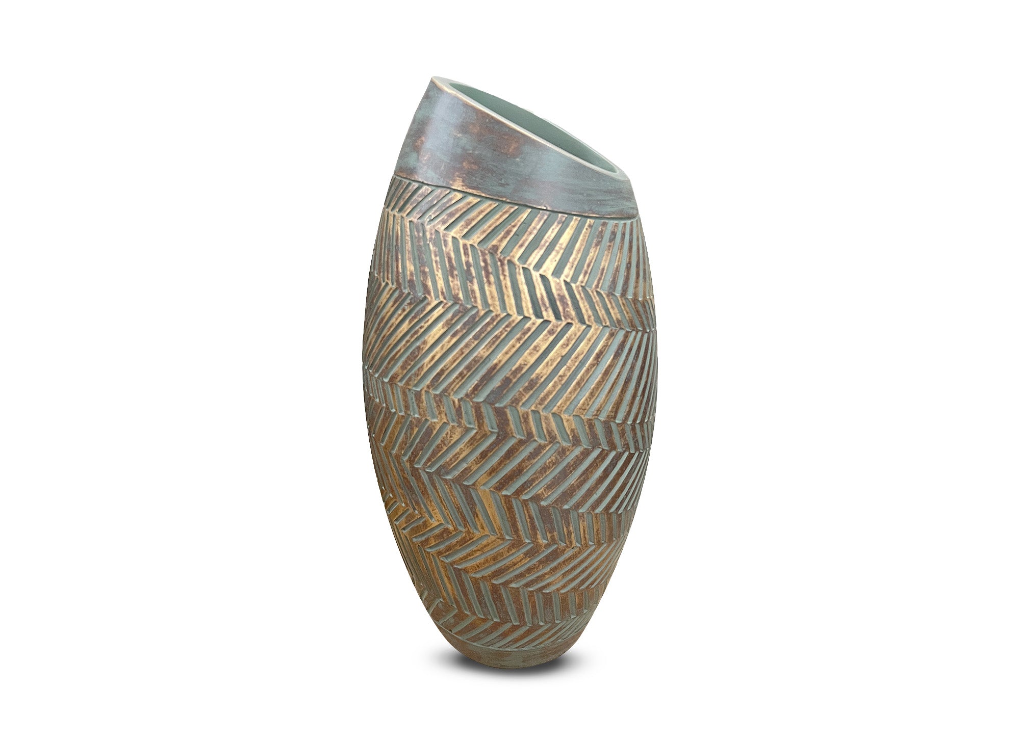 Jarrón AMIRA de poliresina verde y dorada, 35 cm de alto