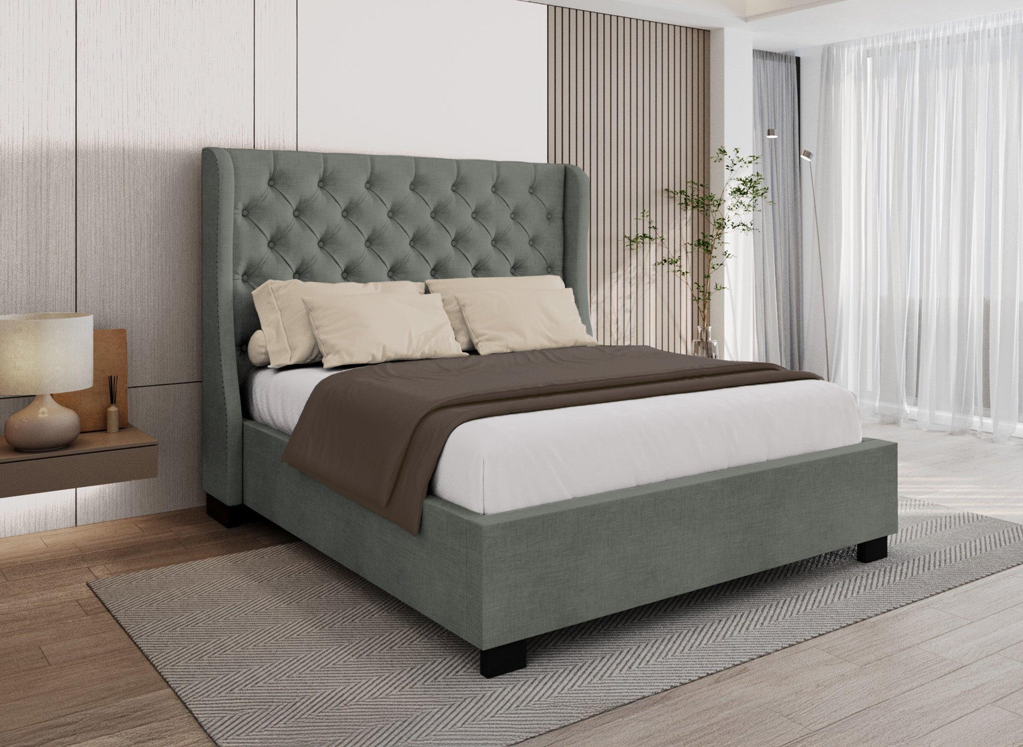 Cama tapizada con almacenaje FLORINE de 180 x 200 cm en tela de lino gris